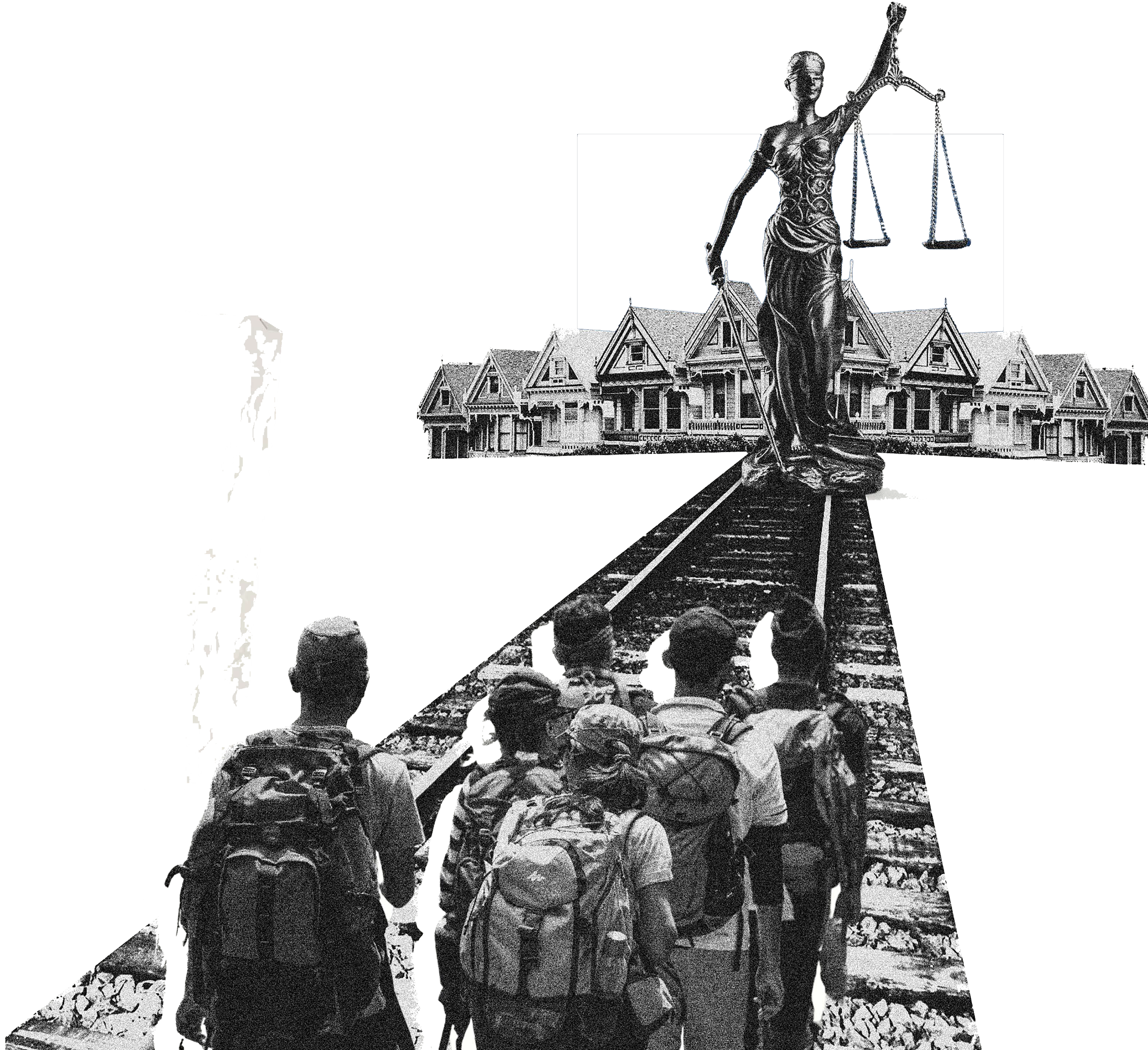 A group of people with backpacks walking on train tracks towards a large statue of Lady Justice holding scales, with a row of houses and a white rectangle in the background.