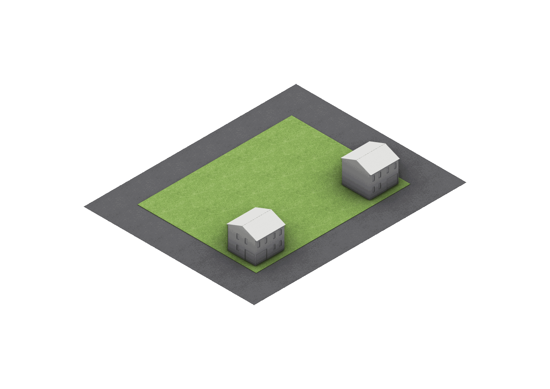 Isometric view of a small property with two gray houses, green lawn, gray driveway, and brown background.