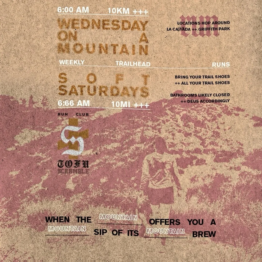 🌞weekly trailhead mourning runs
⛰️wednesdays 6:00 am 
⛪️ soft satvrdays 6:66 am 

routes run weekly between 10 km &mdash; 10 mi
somewhere in between 
Griffith Park and La Ca&ntilde;ada

❌🧊❌

hop on discord / strava for info on locations + routes + 