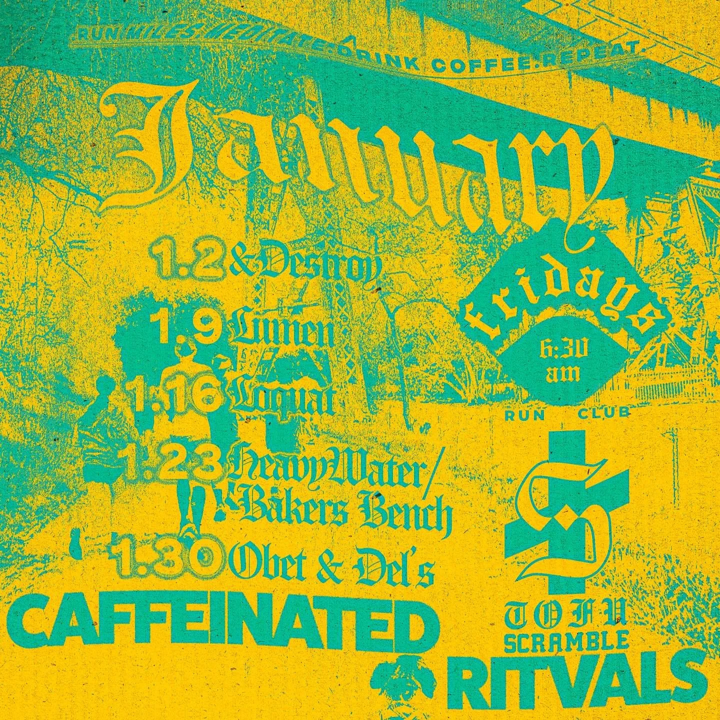 inhale +++ exhale

January caffeinated ritvals &amp; morning miles will hop around Highland Park, Cypress Park, Elysian Valley &amp; Chinatown.

Fridays meet at 6:30 am. Come run 4-5 miles as we explore our backyard trails &bull; stay for sidewal