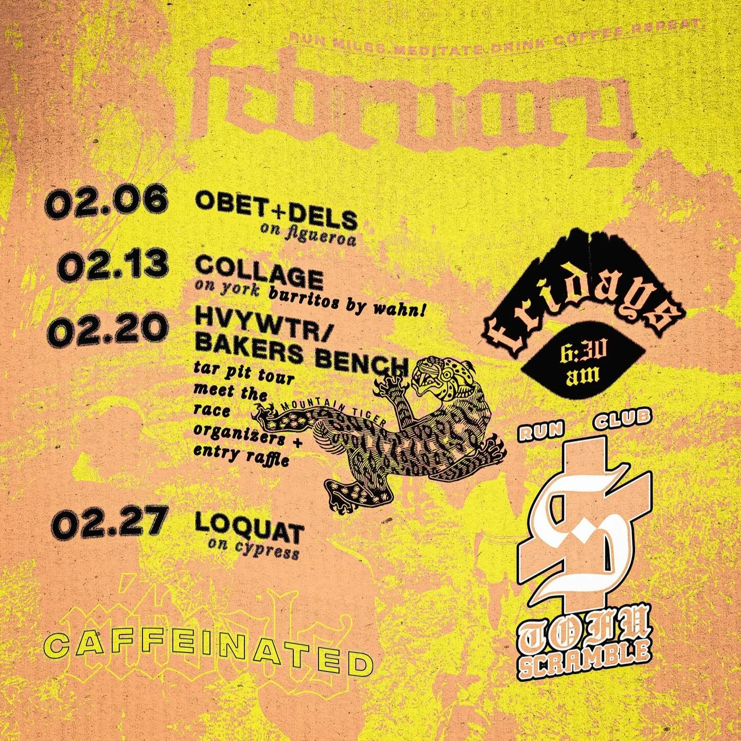 inhale ___ exhale

February caffeinated ritvals &amp; morning miles will hop around Highland Park, Cypress Park, Elysian Valley &amp; Chinatown.

Fridays meet at 6:30 am. Come run 4-5 miles as we explore our backyard trails &bull; stay for sidewalk y