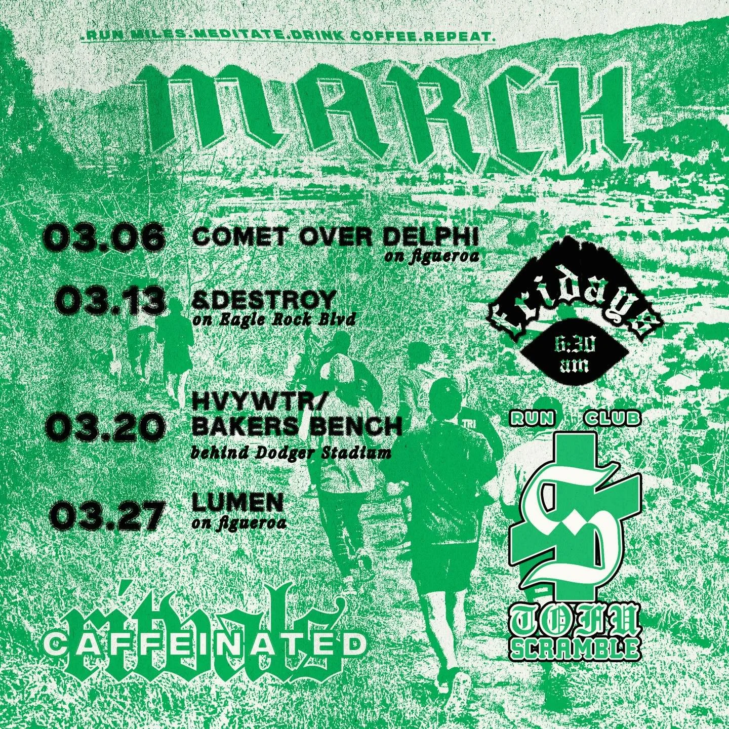 inhale &bull;&bull;&bull; exhale

march caffeinated ritvals &amp; morning miles will hop around northeast la

fridays meet at 6:30 am &bull;&bull;&bull; run 4-5 miles as we explore our backyard trails &bull;&bull;&bull; stay for sidewalk yoga &amp; s