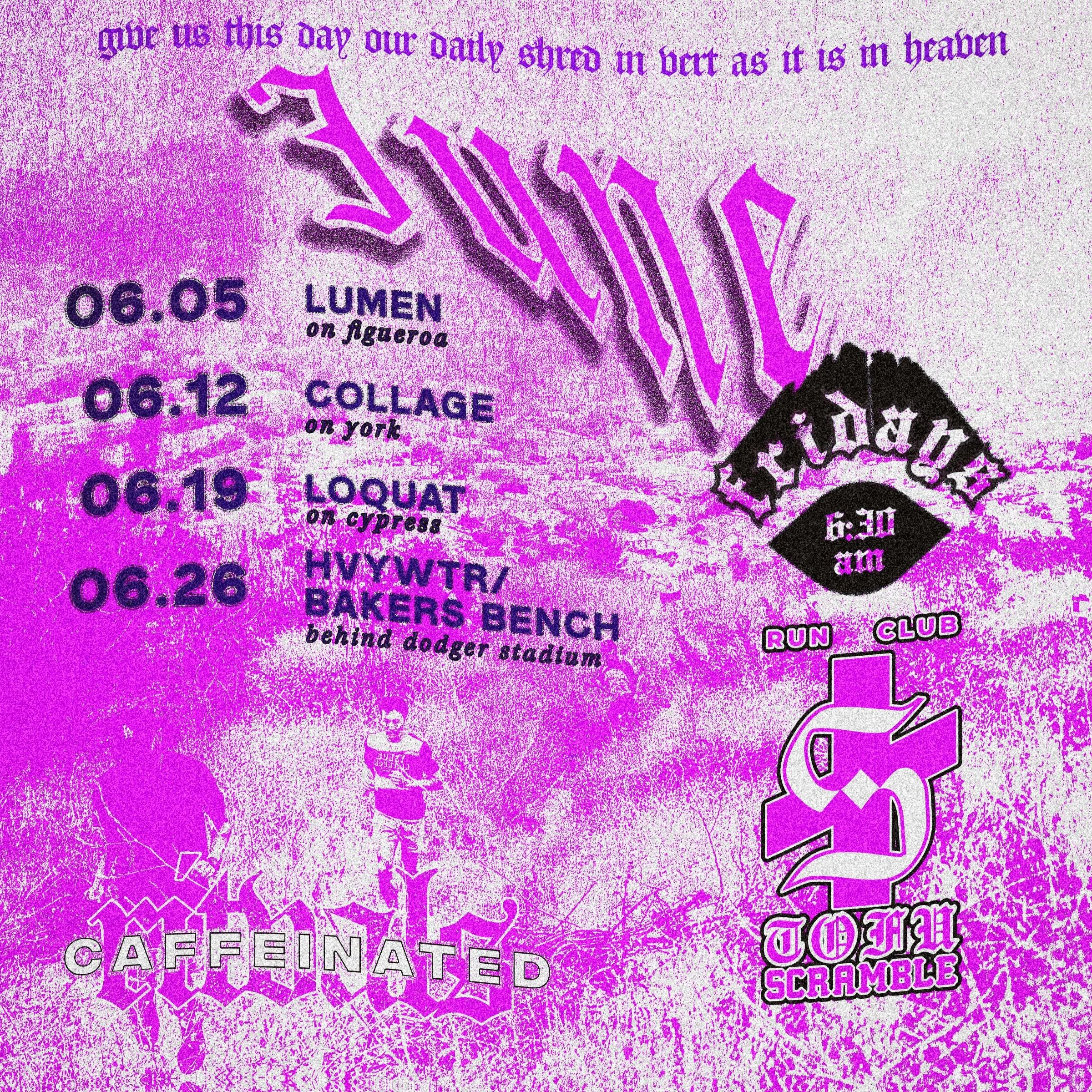 inhale______exhale 

june caffeinated ritvals &amp; morning miles hop around northeast la

fridays meet at 6:30 am &bull;&bull;&bull; run 4-5 miles as we explore our backyard trails &bull;&bull;&bull; stay for sidewalk yoga &amp; support caffeinated 