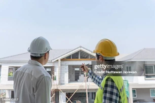 Two construction workers wearing safety helmets and vests standing in front of a house under construction, discussing progress.