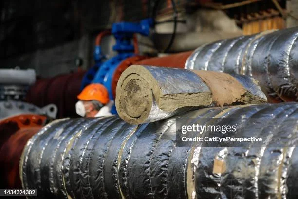 Industrial worker installing insulated pipes, silver insulation material, orange hard hat, industrial background.