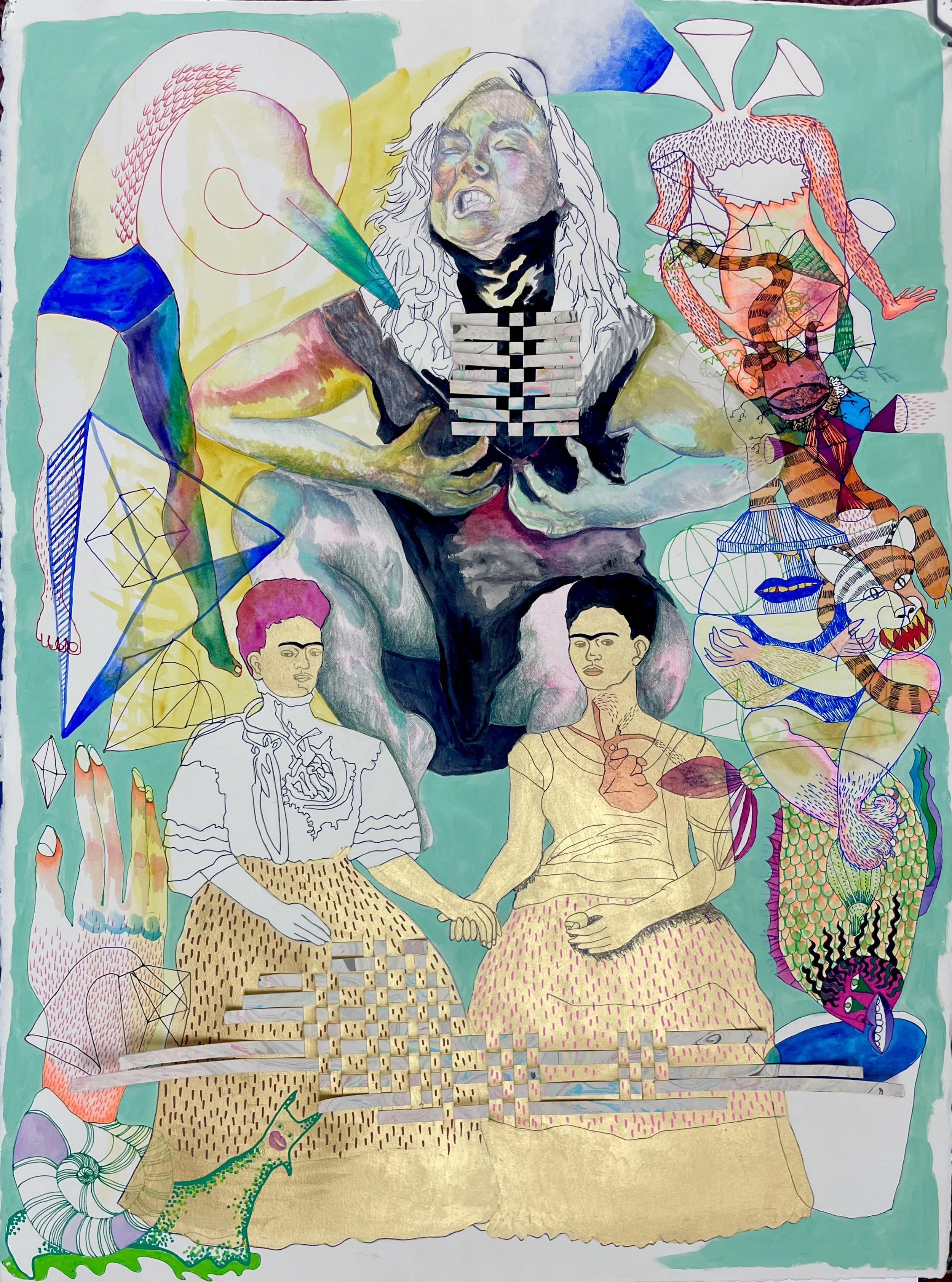 The Diagnosis and Two Fridas, Mixed Media on Rives BFK, 22.5"x30" 2023 (Private Collection)