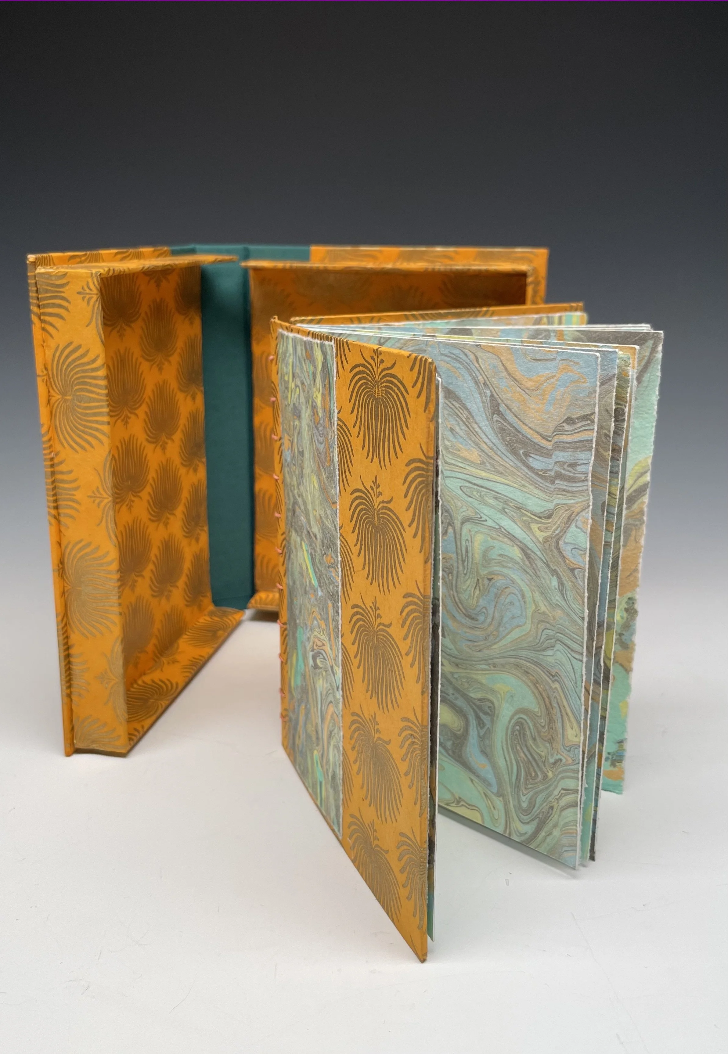 Coptic Bound Book with Suminagashi Marbled Pages and Clamshell Casing, 6 1/2" x 5"x 3/4"
(Interior 1) (Private Collection)