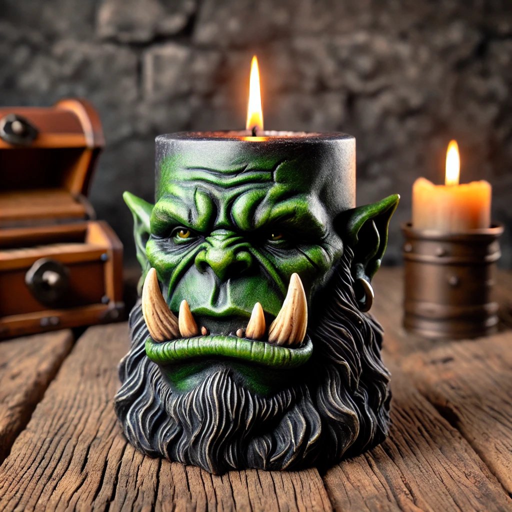 DALL·E 2024-12-02 04.15.15 - A unique candle designed in the style of an orc, with a rugged and fantasy-themed appearance. The candle features a base shaped like an orc's face wit.jpg