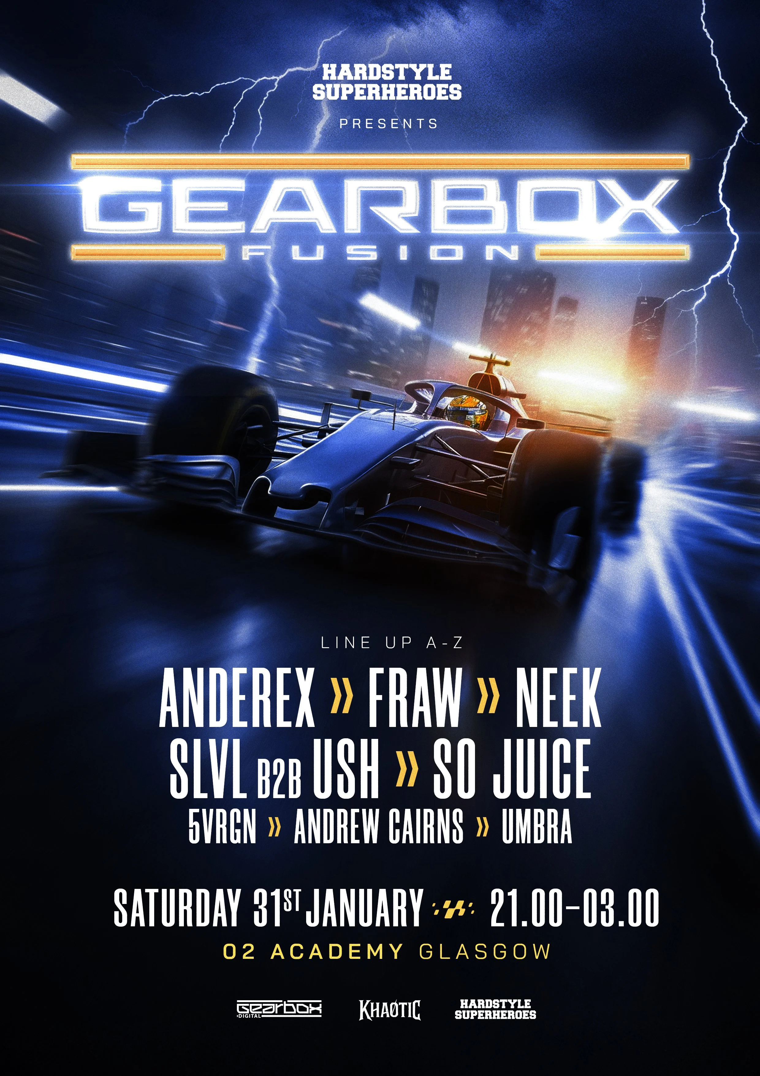 Event poster for Gearbox Fusion, an electronic music event presented by Hardstyle Superheroes, featuring a race car driving at high speed through a cityscape with lightning in the background. Details include lineup names, date, time, and location at O2 Academy Glasgow.