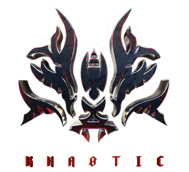 A black and silver dragon emblem with red accents, featuring stylized wings and horns, and the word 'Khaotic' written underneath.