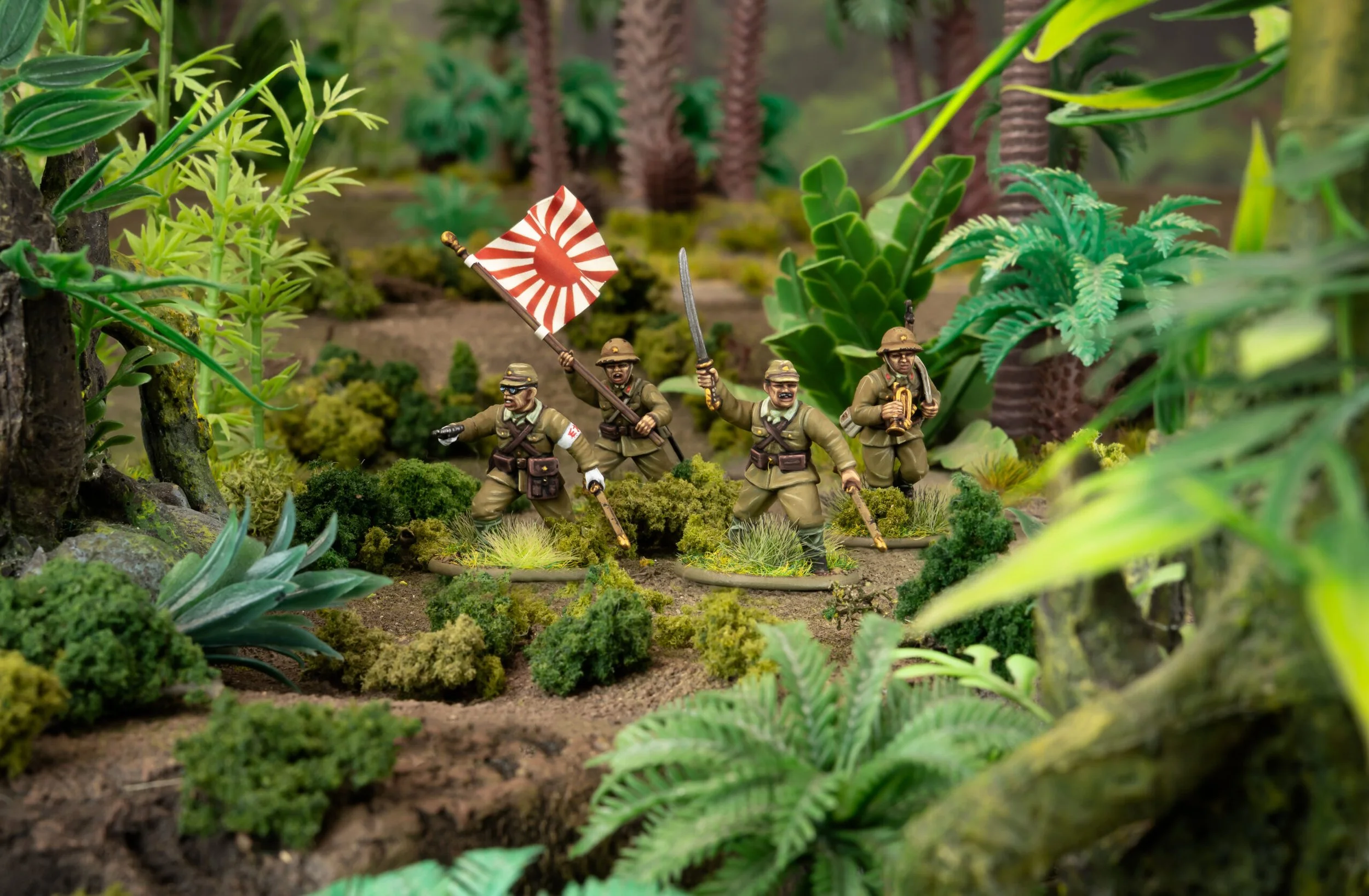 Miniature soldiers in a jungle terrain with green plants and trees, holding a flag, sword, and binoculars.
