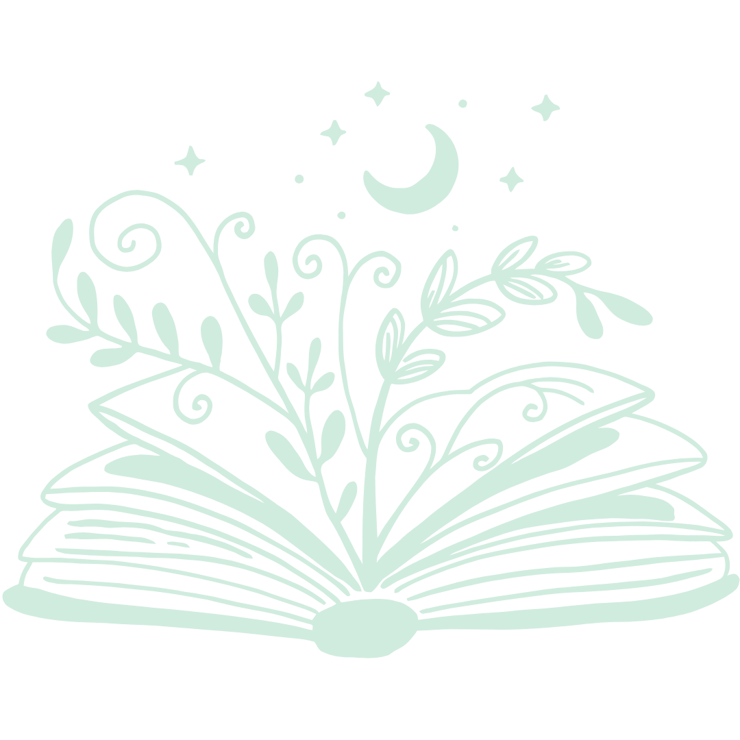 Illustration of an open book with plants emerging from its pages under a night sky with a crescent moon and stars.
