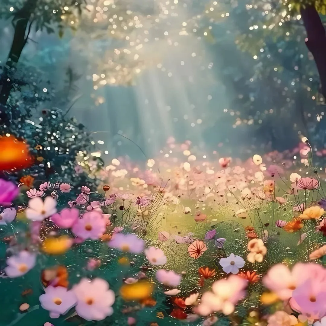 Sunlight shining through trees onto a dreamy field of pink, orange, white, and purple flowers with bokeh and lens flare effects.