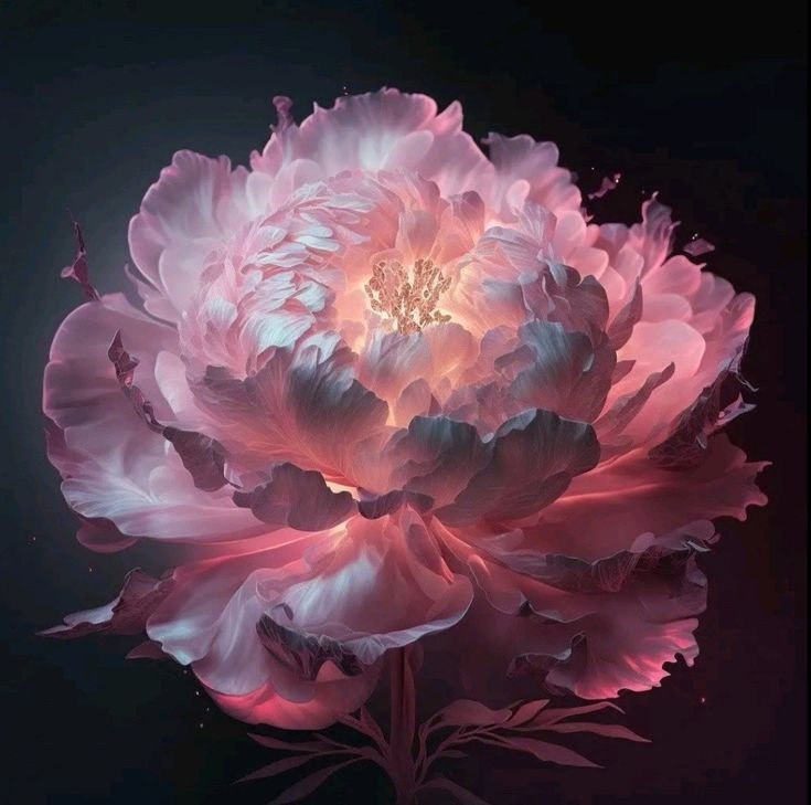 A luminous, glowing pink flower with intricate petals against a dark background.