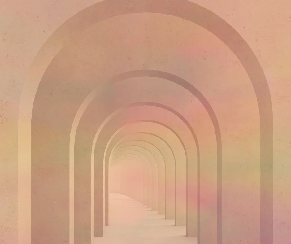 A tunnel of repeating archways in soft pastel colors creating a sense of depth and perspective.