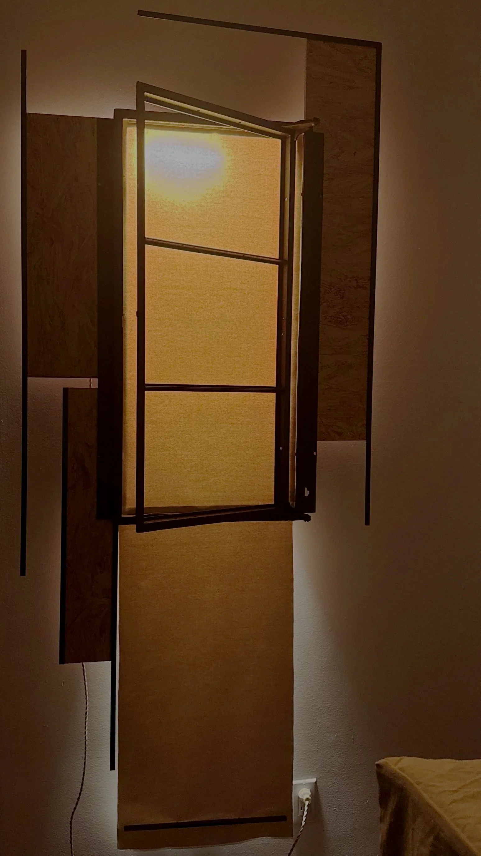       
  
     SET TEN  wall based sculpture (in development)  Iron single casement window, circa 1940’s, 12 oz cotton duck canvas, 1/2” OSB board, 1/2” steel plate, red paint, red wool thread, 1/16” steel solid square bar, 1/8” steel solid square ba