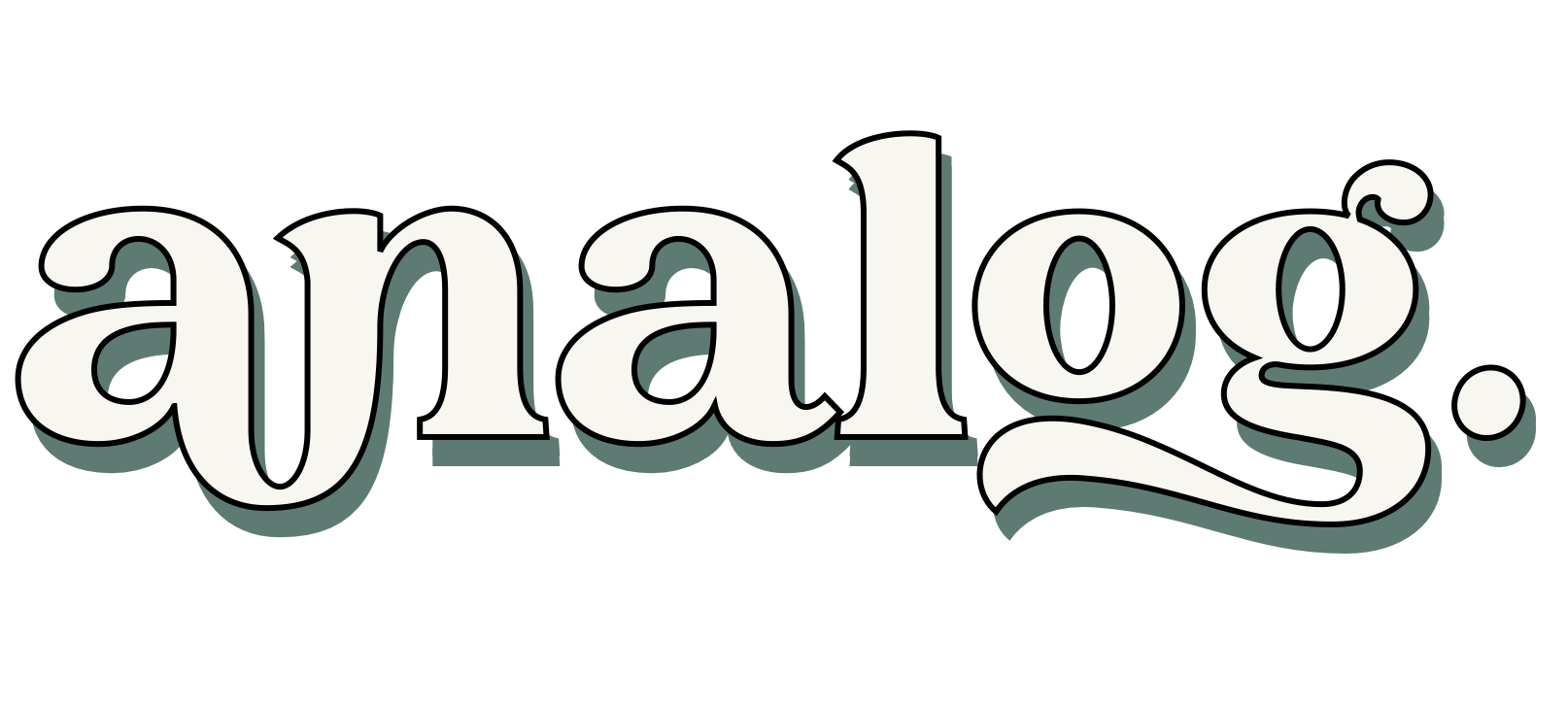 Bold white text spelling 'analog' with a dark shadow effect on a black background.