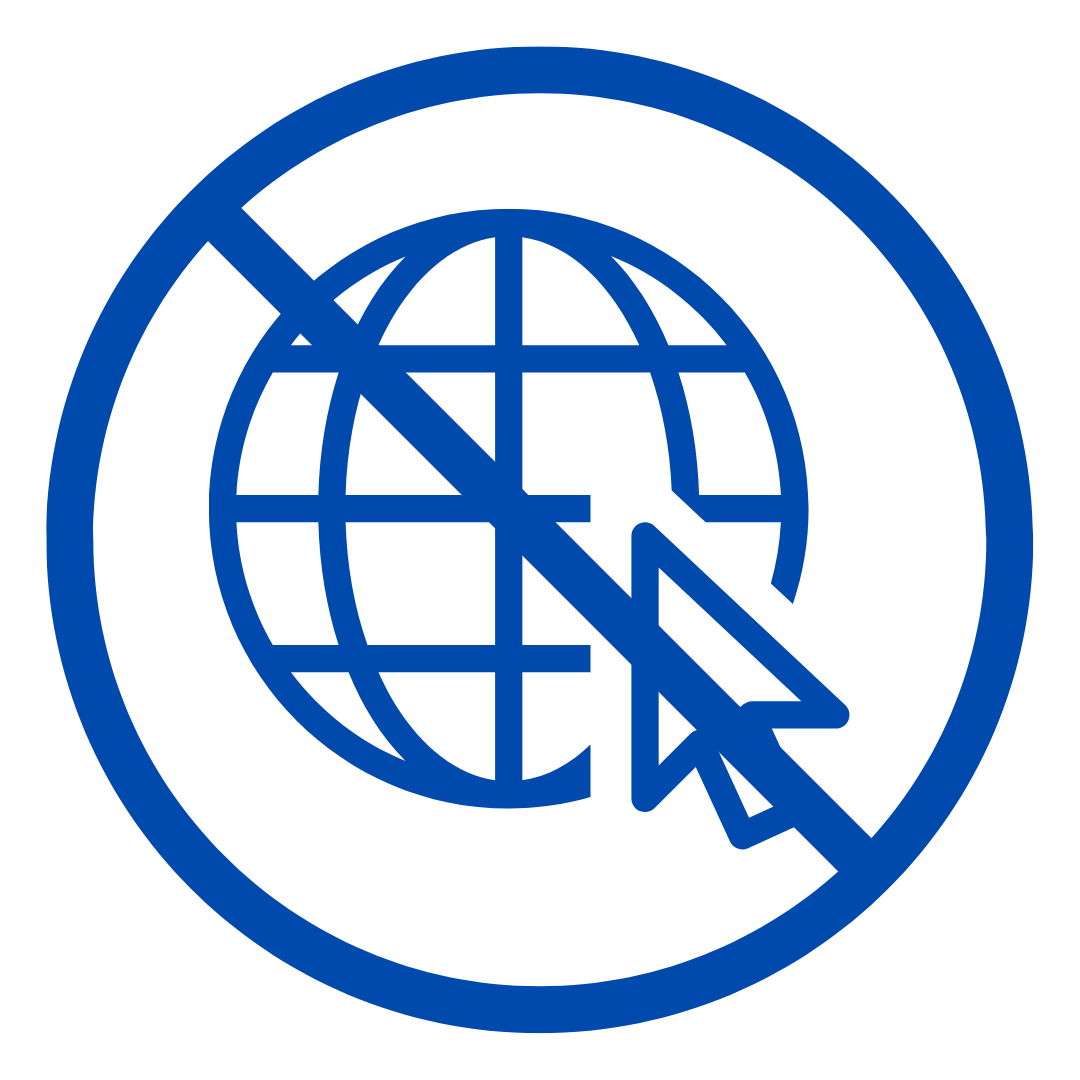 Internet access denied symbol, with a globe and a diagonal line through it, in blue.
