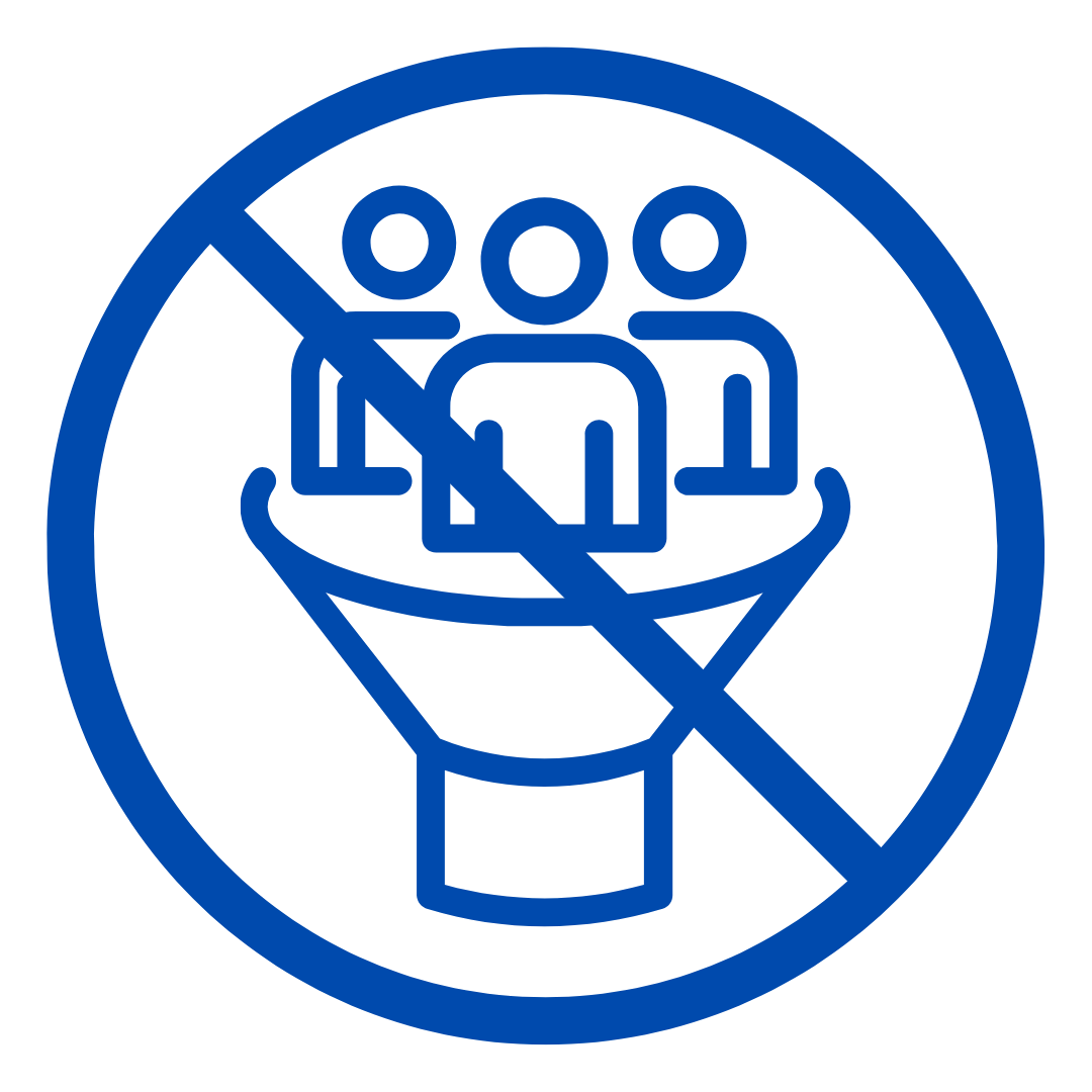 Blue icon showing three people in a funnel with a prohibition symbol over it.