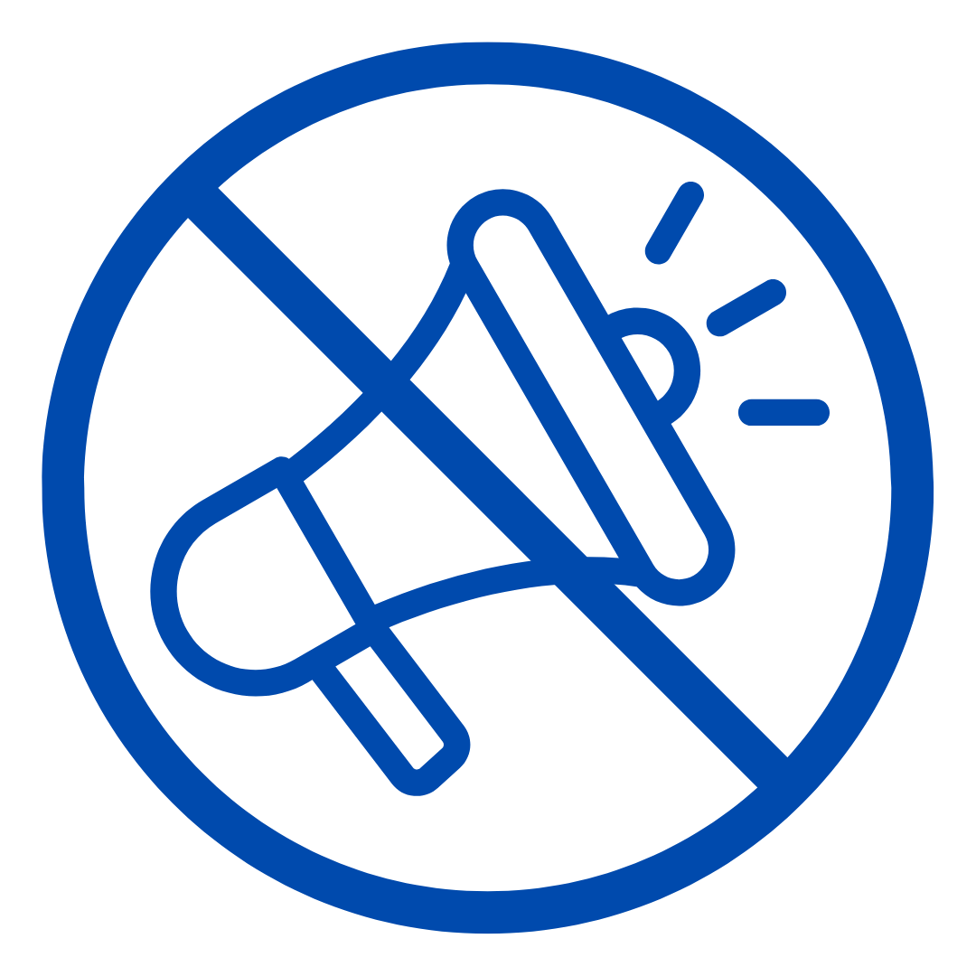 Blue no megaphone icon, indicating no loudspeakers or announcements allowed.