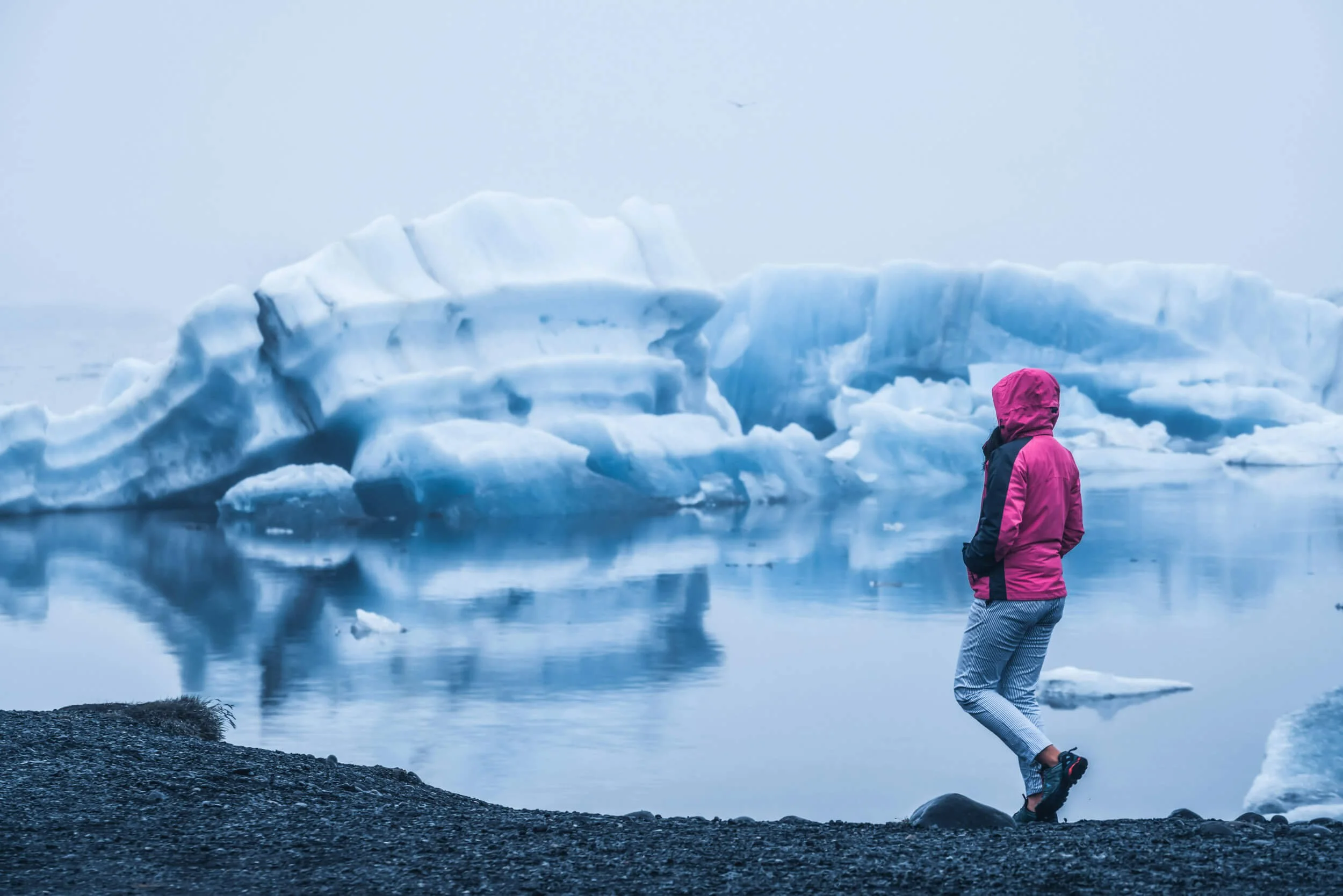 Person in pink jacket standing by icebergs in a reflective body of water.