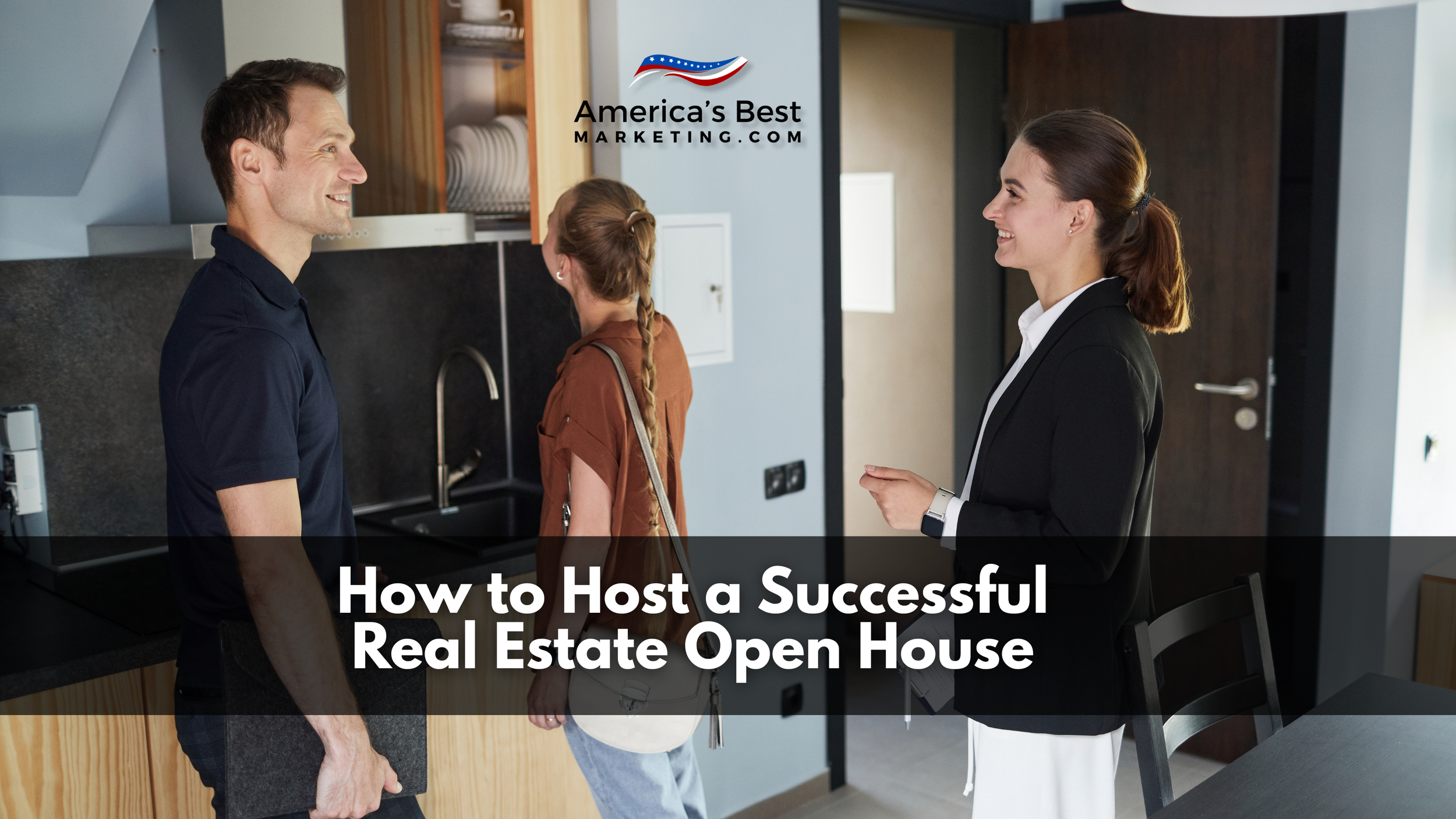 Realtor® hosting a real estate open house and engaging with potential buyers in a modern kitchen, showcasing open house strategy and face-to-face lead generation