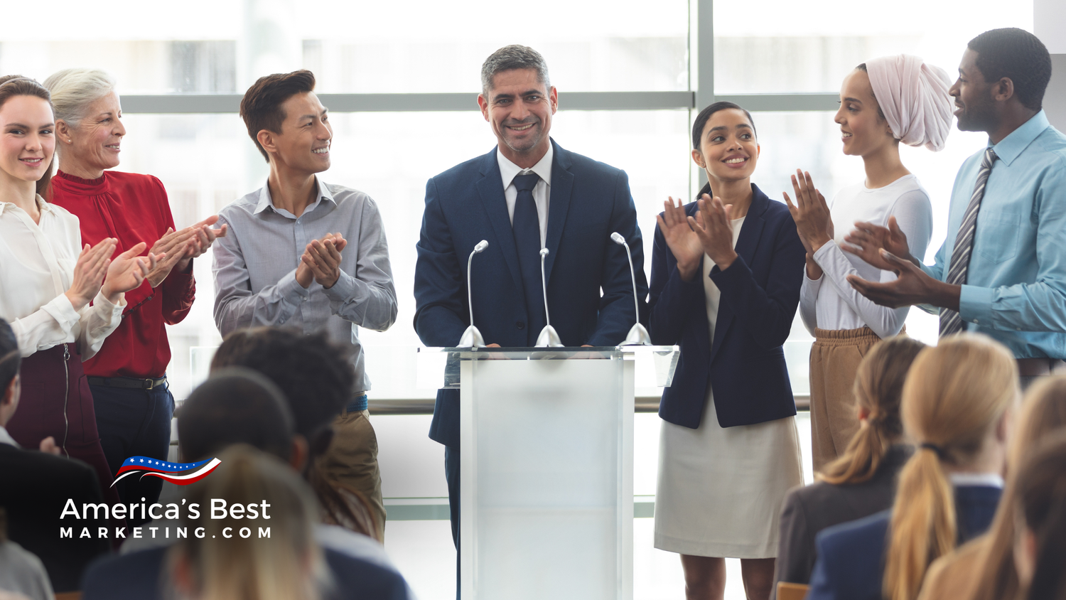 Digital collage of real estate marketing icons, reminders, and contact cards on a dark branded background.