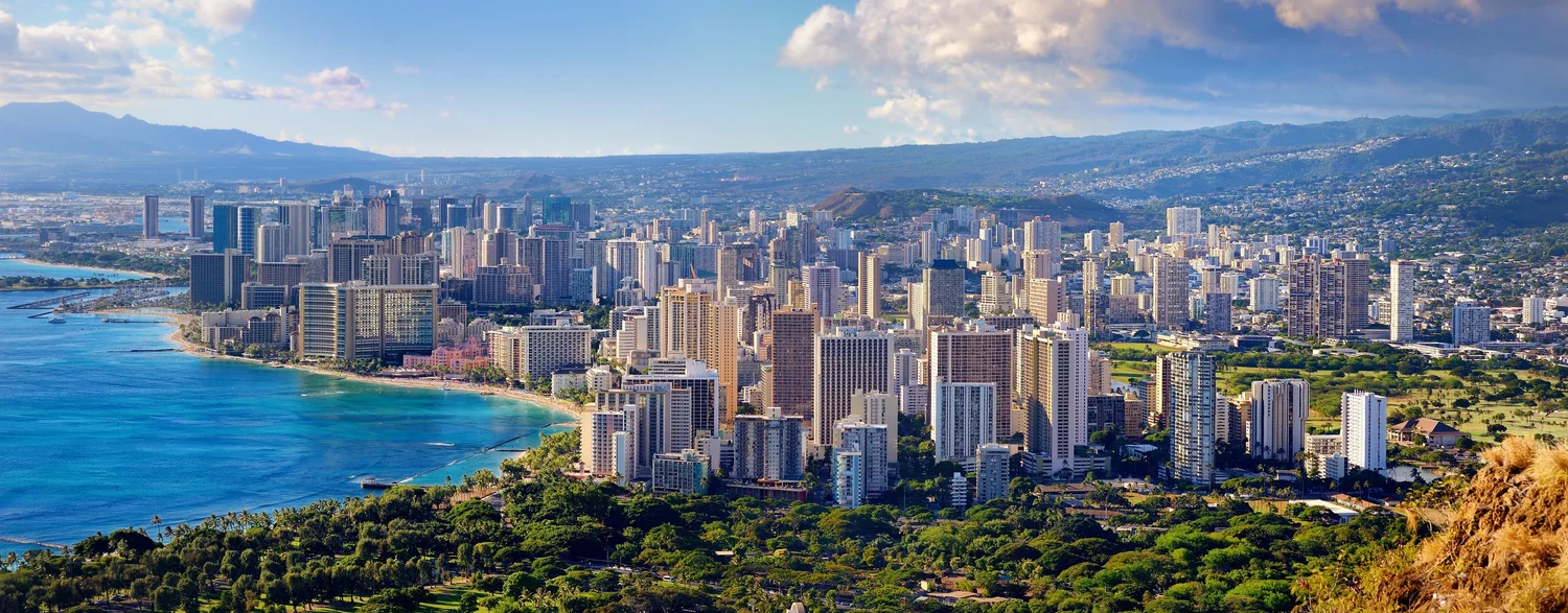 Honolulu Waikiki shoreline and Diamond Head at sunset