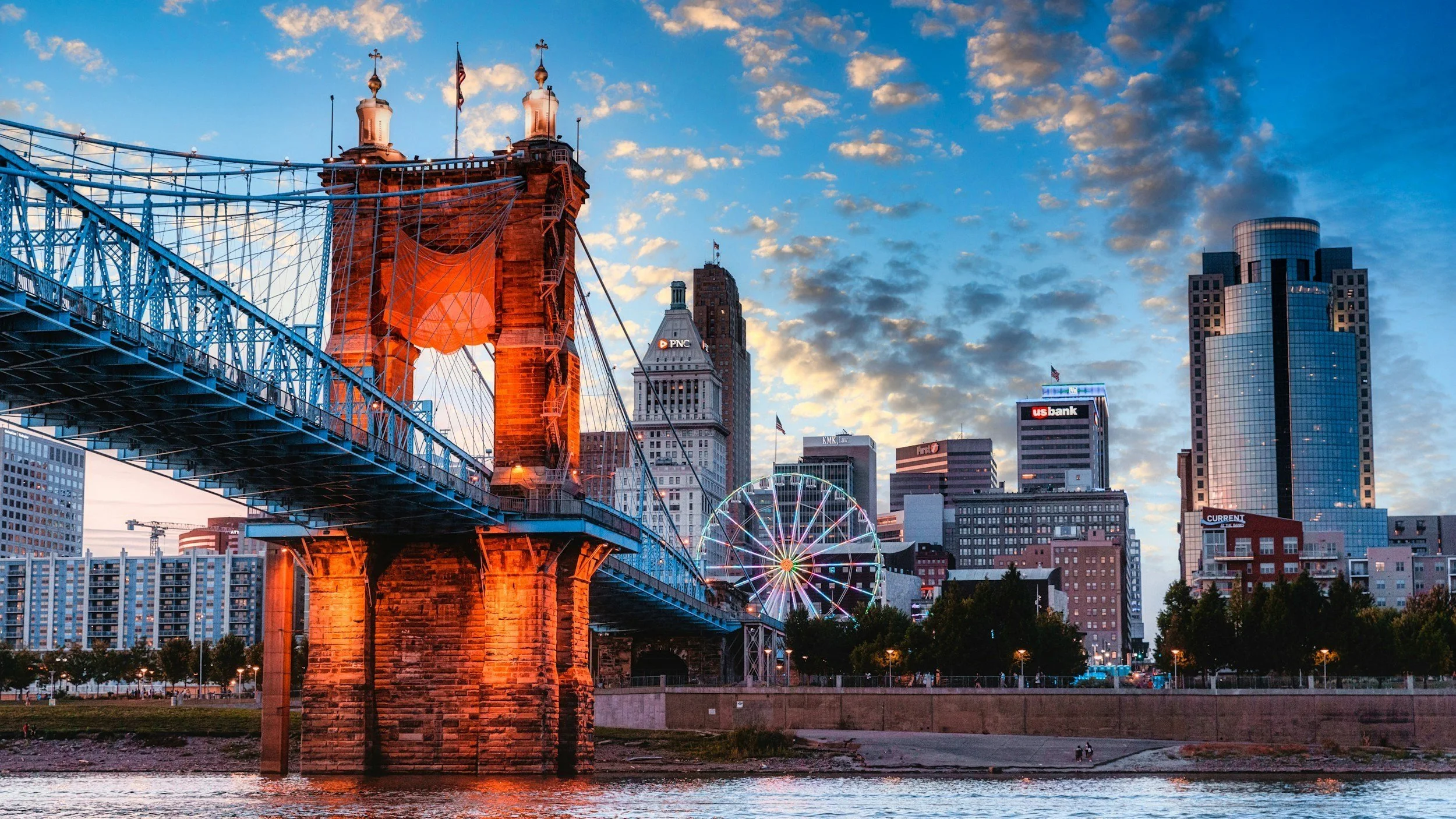 Roebling Suspension Bridge and riverfront skyline in Cincinnati showcasing real estate market opportunities