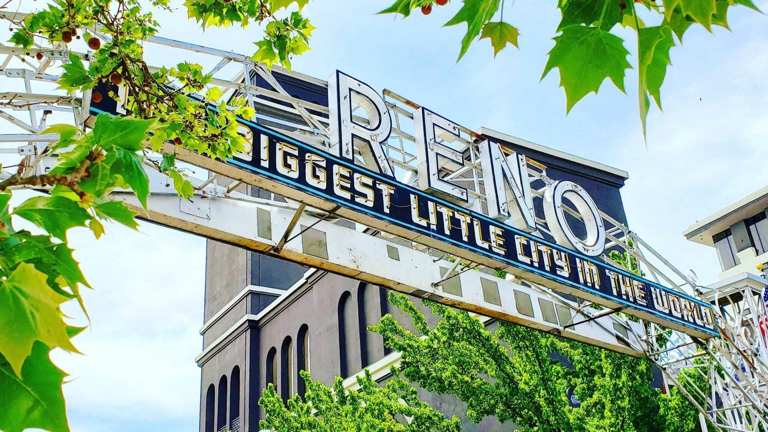 Reno skyline along the Truckee River at dusk