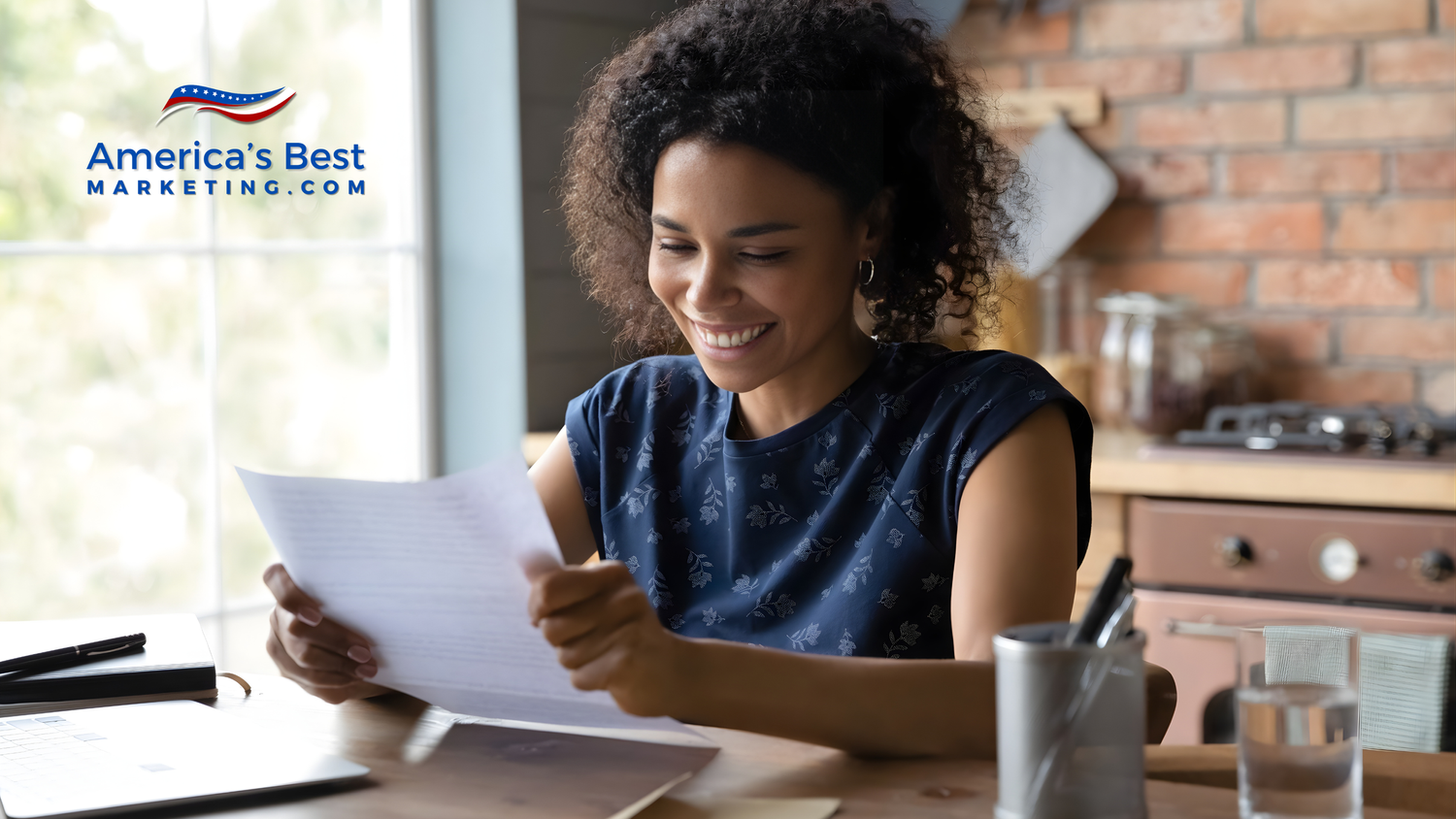Desktop view of a direct mail campaign dashboard, contact segments, and a printed postcard layout.