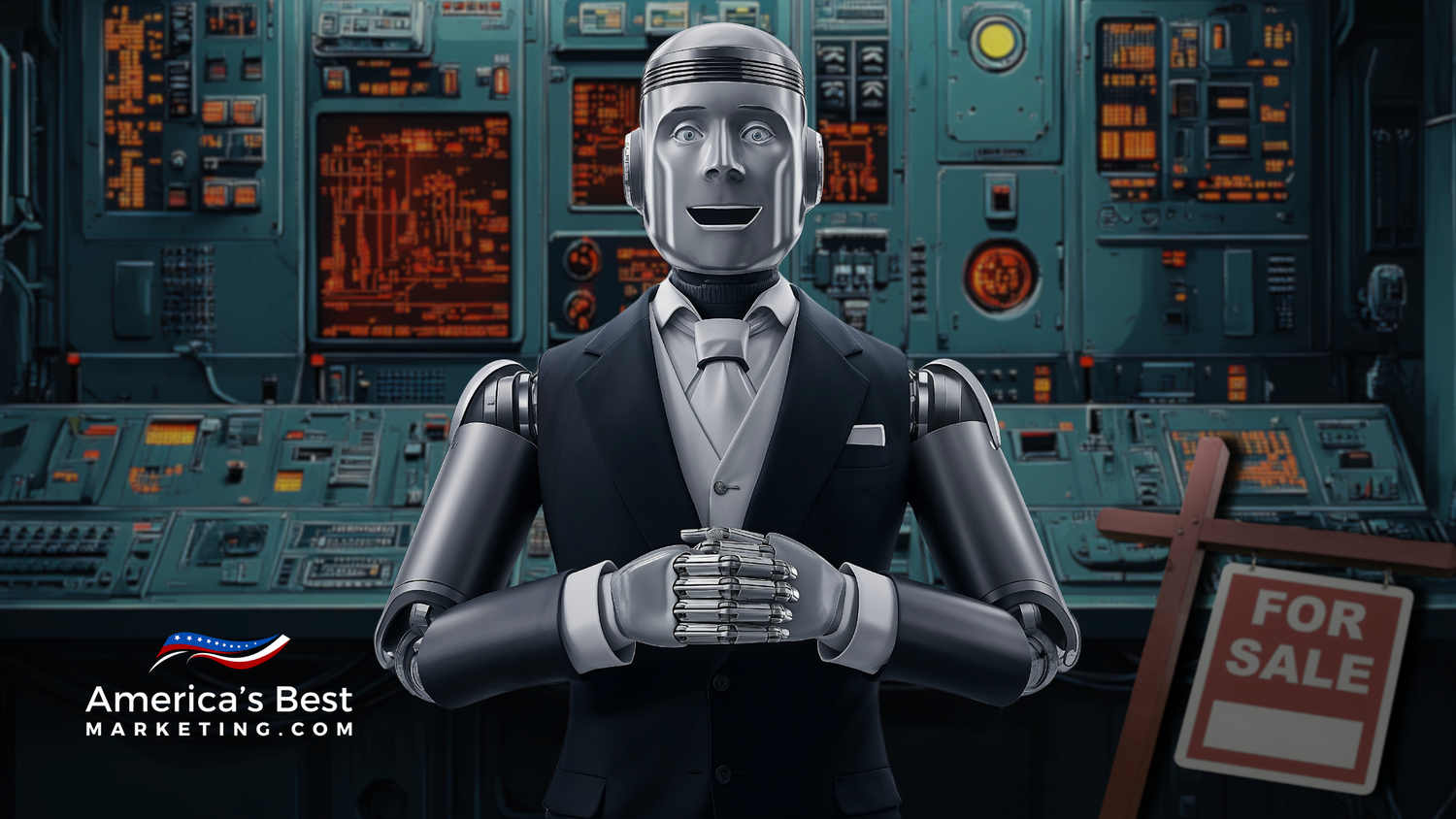 Real estate agent at a computer with AI icons charts and connected house graphics