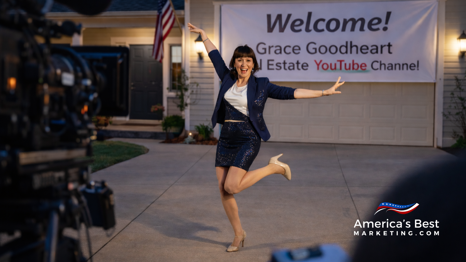 Real estate agent filming a neighborhood street scene with a phone on a small tripod