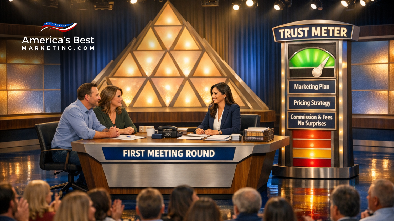 Real estate agent meeting clients at a table with laptop, notes, and a shared plan.