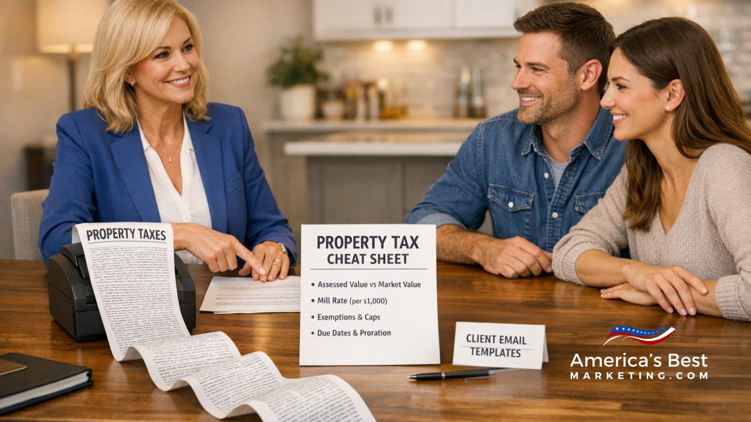 Real estate agent reviewing property tax bill, assessment notice, and comps at a desk.