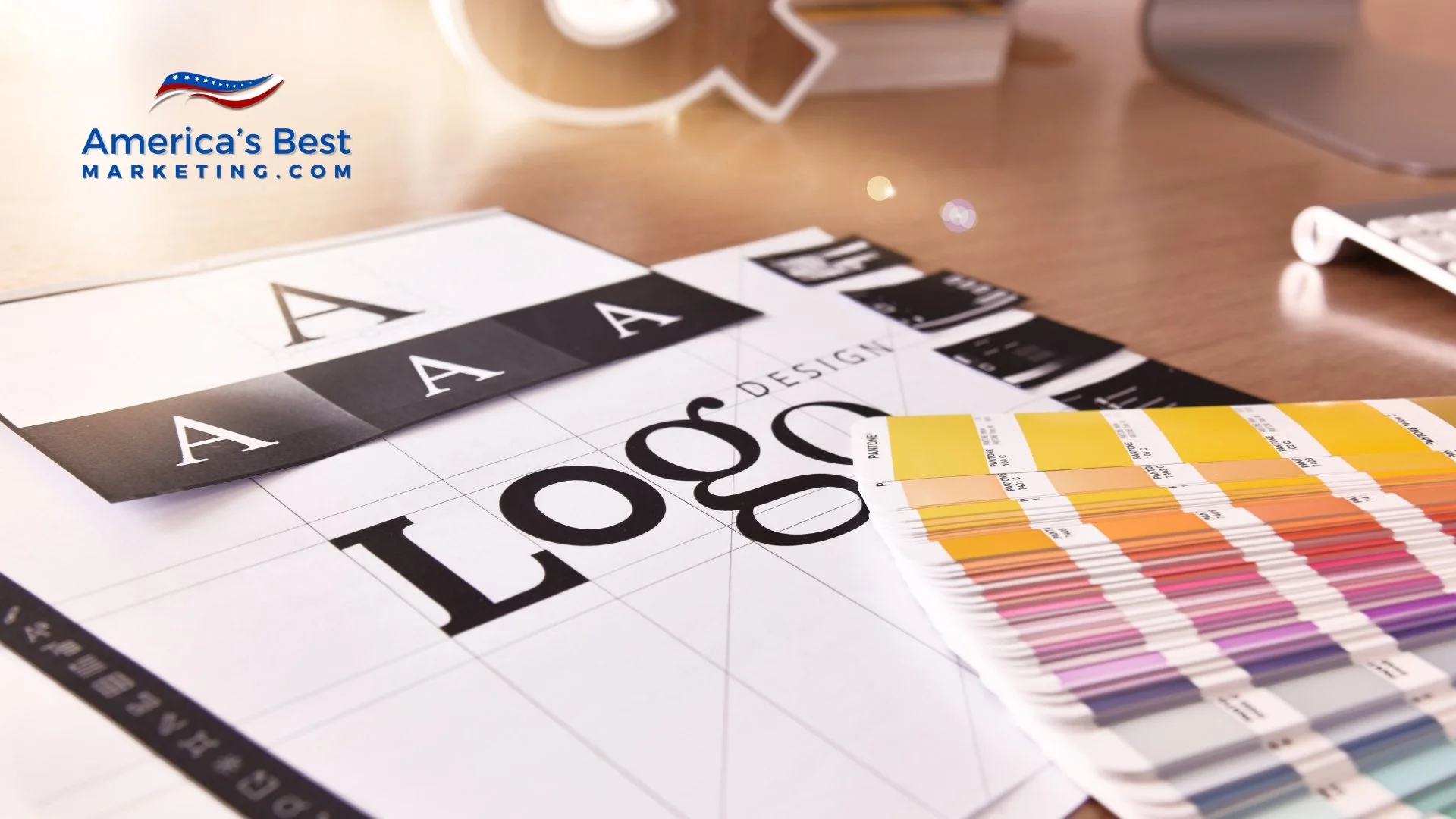 Real estate agent at table reviewing logo sketches and client profile boards with two clients