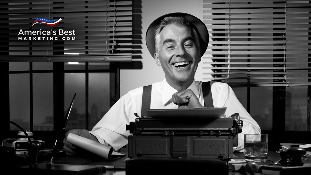 Real estate marketing writer drafting a blog article at a typewriter with America’s Best Marketing branding