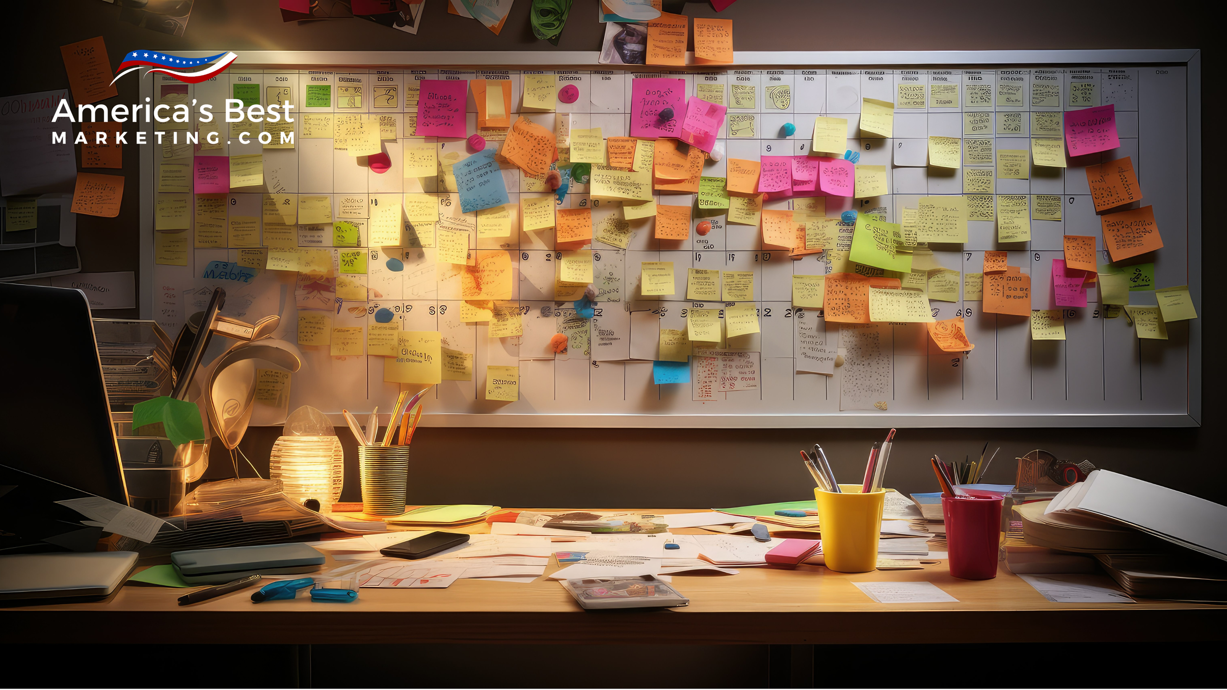 Agent reviews social media posts on laptop while planning a thirty day content calendar at home office