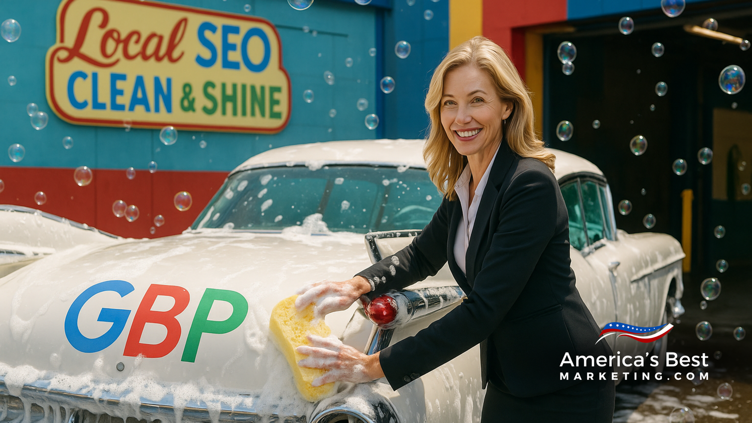 Woman agent at retro service station as attendants work on finned Cadillac with GBP logo.