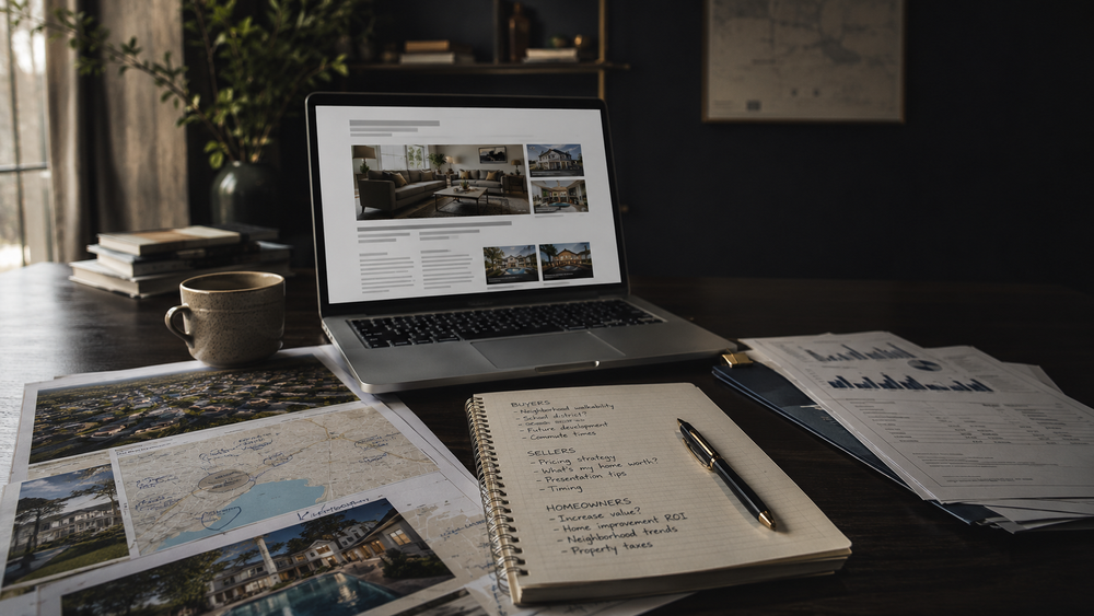 Real estate blog planning workspace with local research and market notes