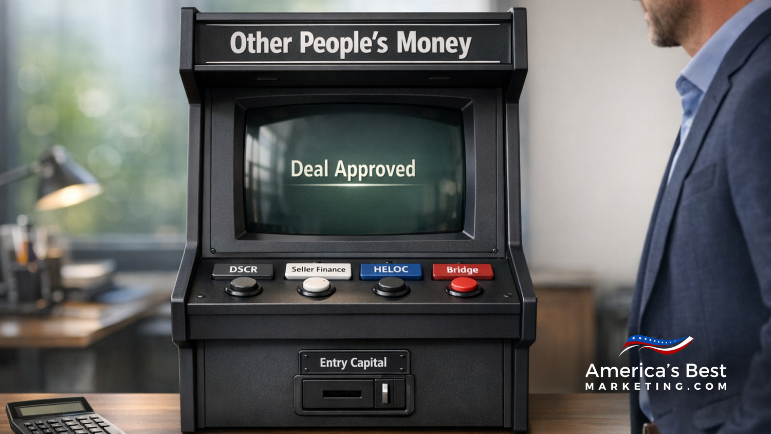 Financing worksheets, a calculator, and rental cash-flow notes beside property photos.