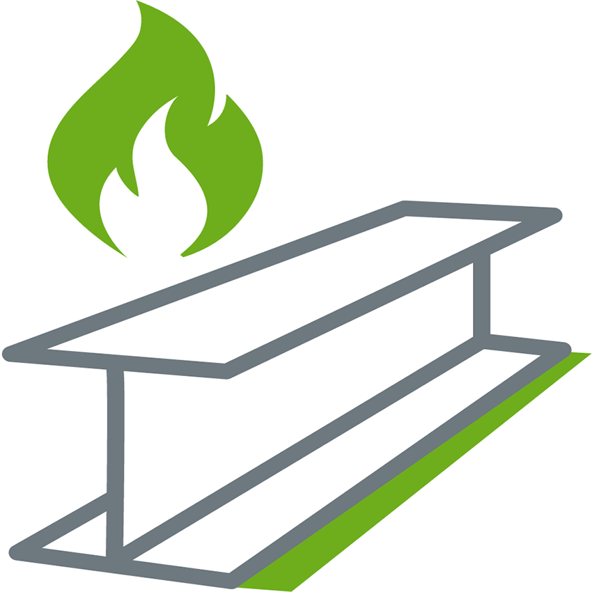 icon of steel i-beam and flame, representing intumescent coatings