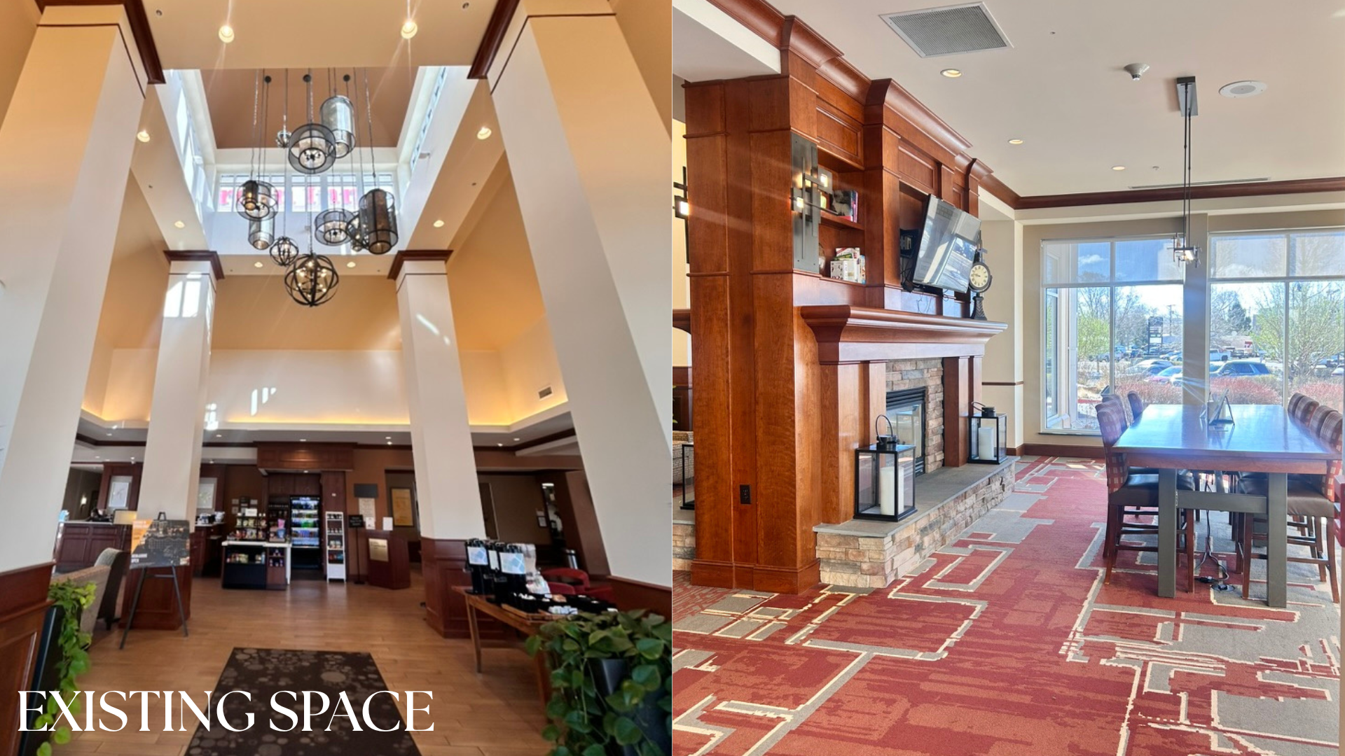 Full View of Entry + Entry-Right Seating Area:  These photos are of the existing hotel lobby and seating area that is being redesigned and renovated by Graduate. 