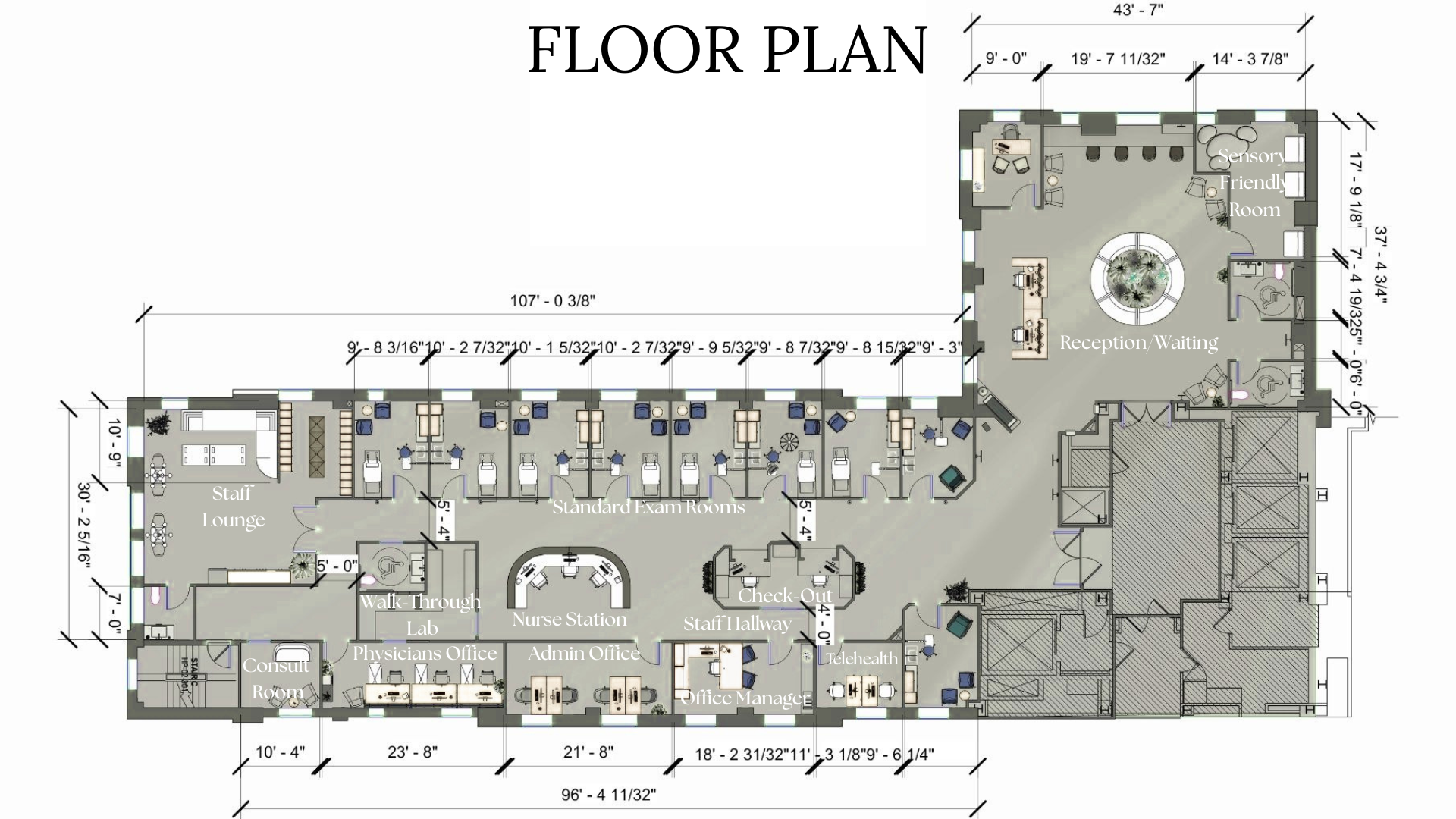 Space planning and functionality were my main focuses for this project. Key functional features that support the office are the walk-through lab, central check-out desk, and a less accessible staff hallway to avoid extra patient foot traffic.