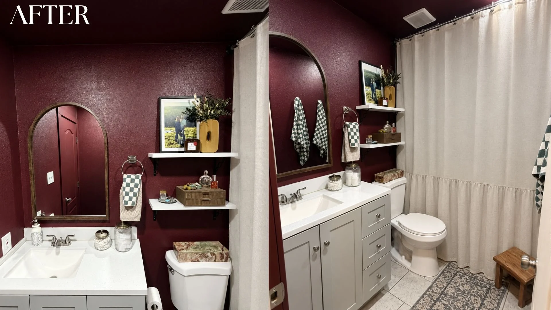 In my true fashion a color drench was the way to go for this bathroom upgrade. The bold color breathes a whole new life into the room while reusing most of the client's FF&E for a budget friendly makeover.