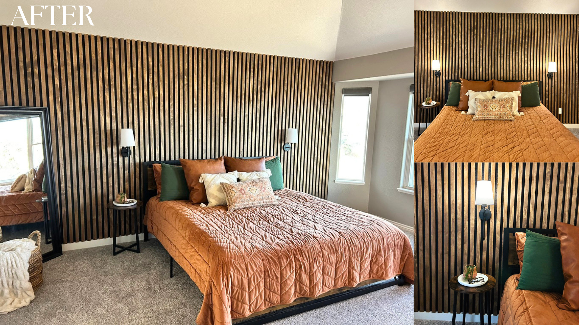 The wood slat wall instantly gives the space warmth and the minimal styling lets the variation in each strip of wood move the eye through the space. Finally, the symmetry with wall sconces elevates the look from a home DIY to intentional master suite