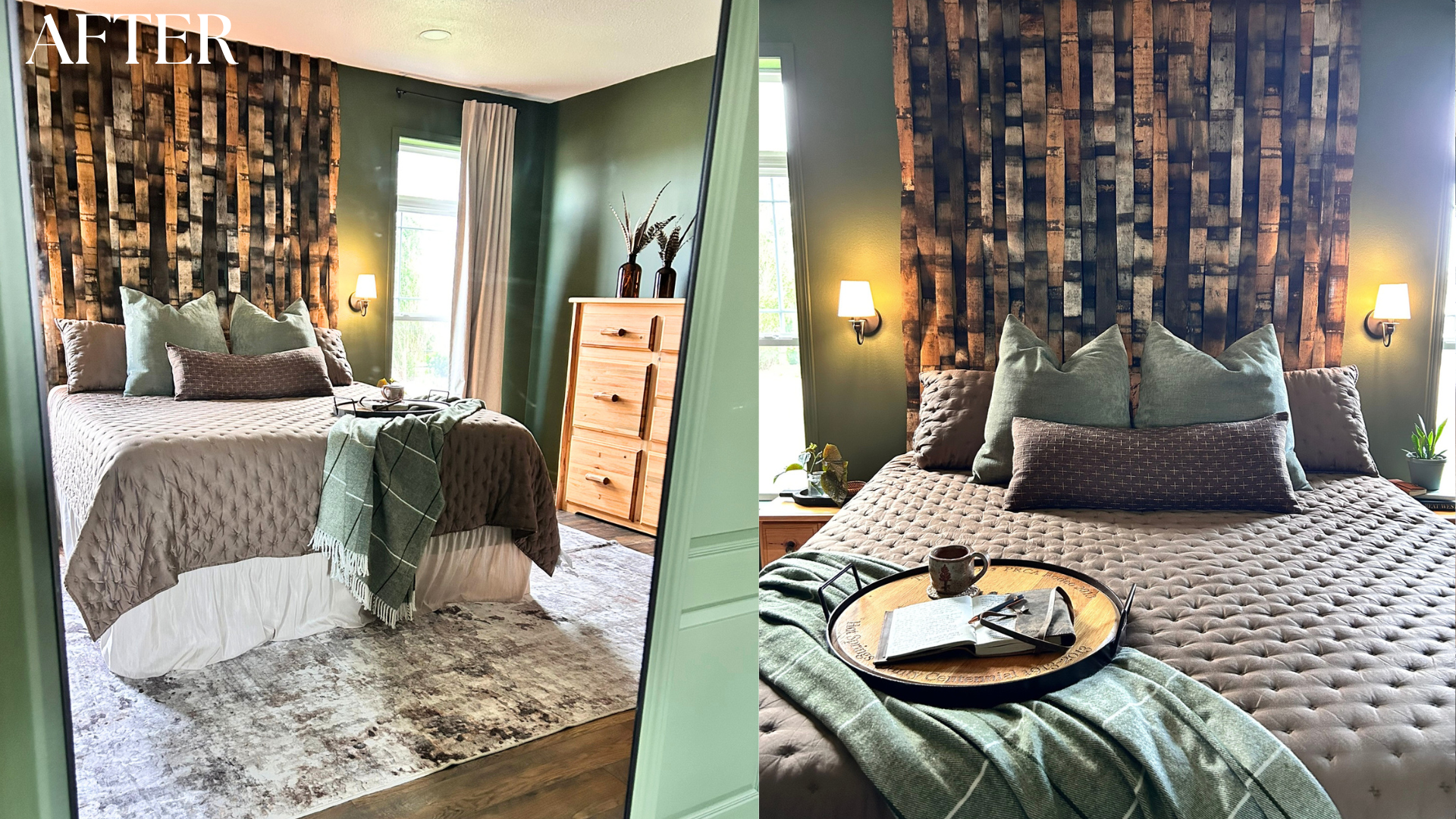The final of this room features a show stopping green color drench the new focal point of the space is the floor to ceiling barrel stave headboard that compliments the scale of the room and California kind bed.
