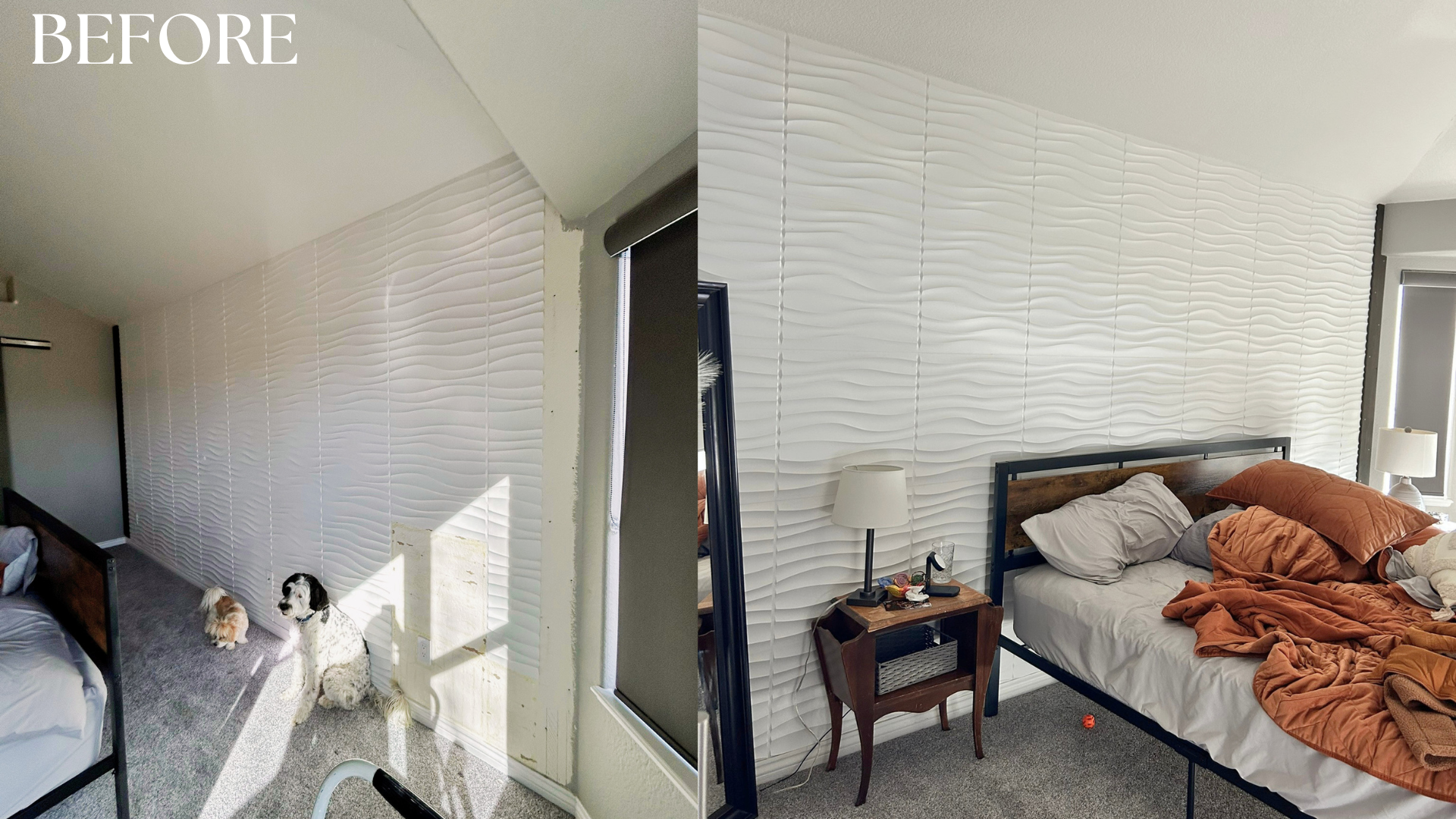 The goal of this transformation was to elevate the look of this main wall and add warmth to the space. The before of this space featured textured plastic panels and unintentional strips of lumber on either side.