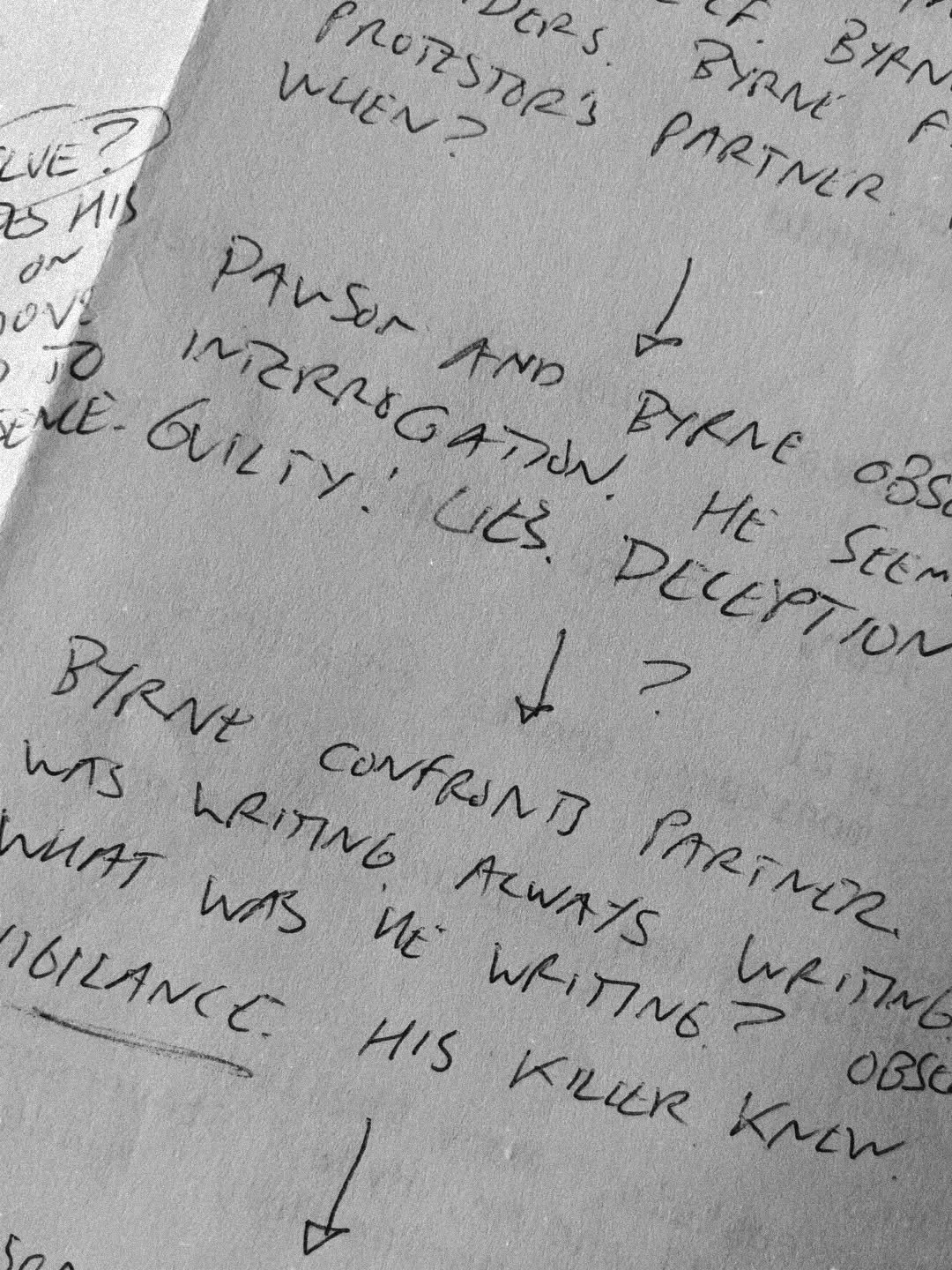 📝 This is where every Dick Byrne mystery begins: the brainstorming page. Not every idea scribbled on this page makes it to the final draft. (That interrogation scene? Didn't even make it into the first draft of this upcoming story.) But it gets thin