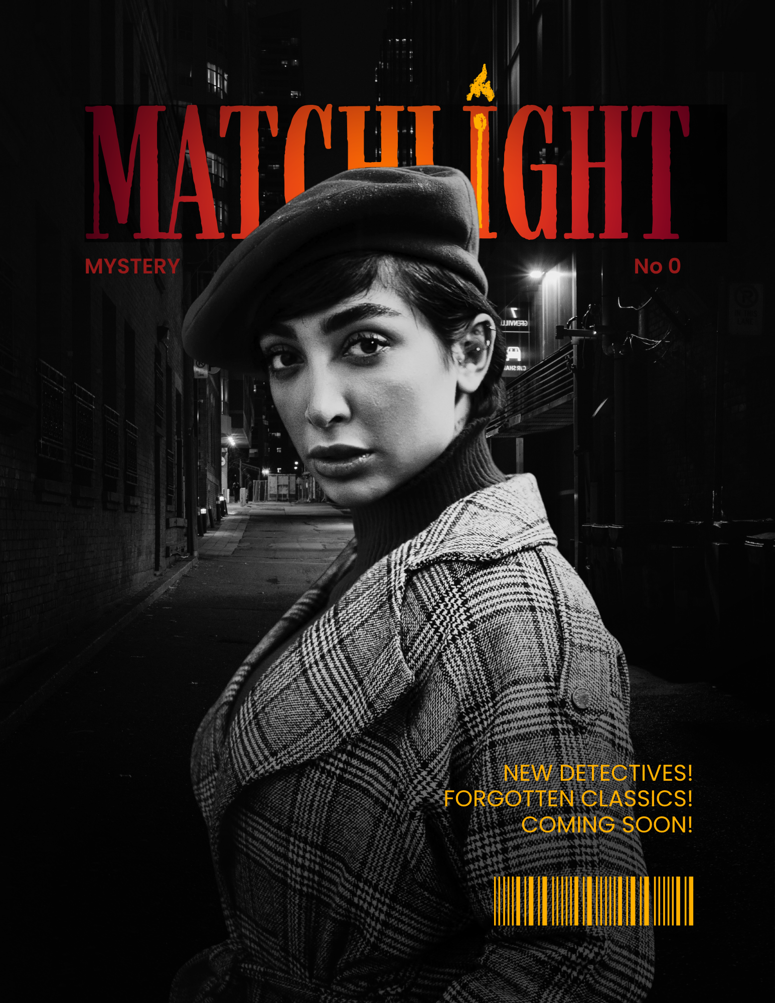 Matchlight magazine cover featuring a woman in an autumn coat wearing a beret on the city streets at night..